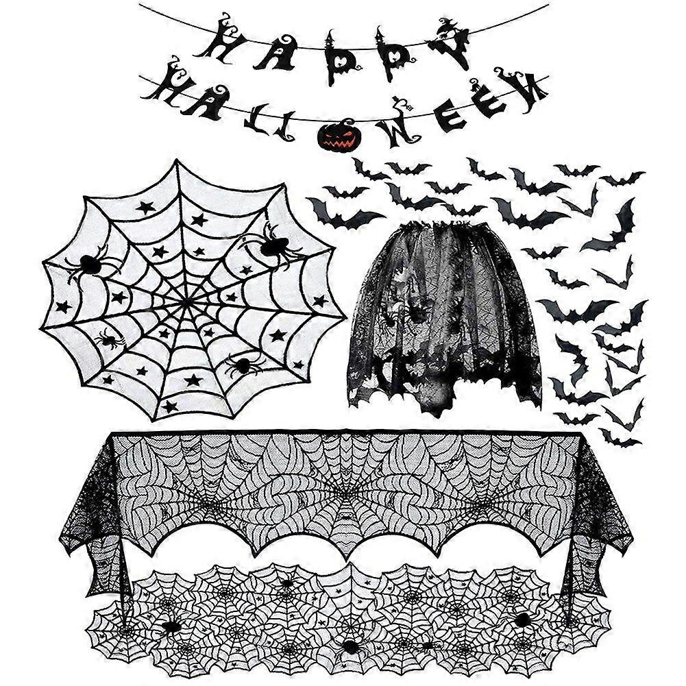 halloween edderkop web pejsdæksel sort blonde sæt engangs dekoration træk flaget a