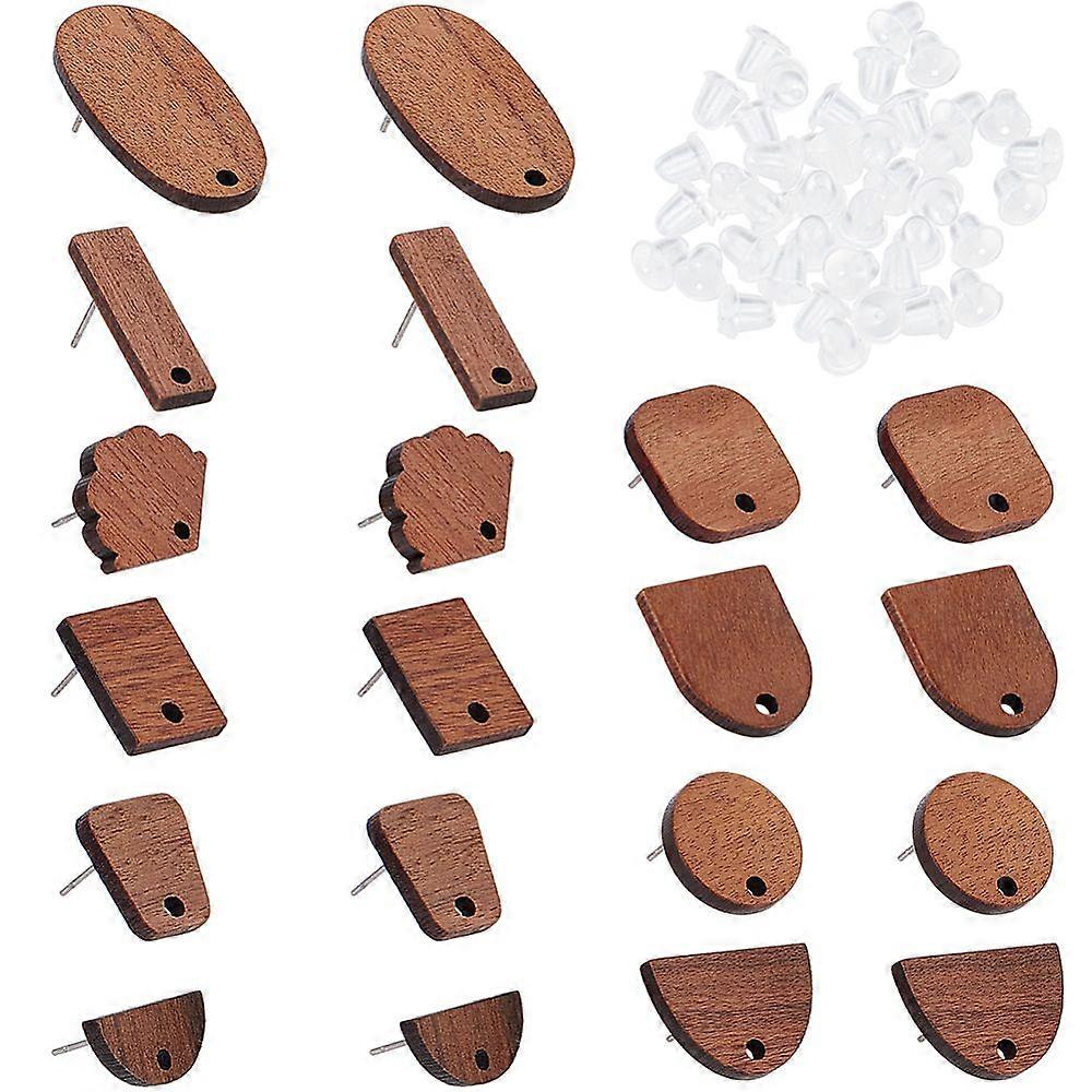 20 Pairs 10 Style Walnut Wood Stud Earring Findings with 304 Stainless Steel Pin and 100Pcs Plastic Ear Nuts Rectangle & Flat Round & Trapezoid & Fan 