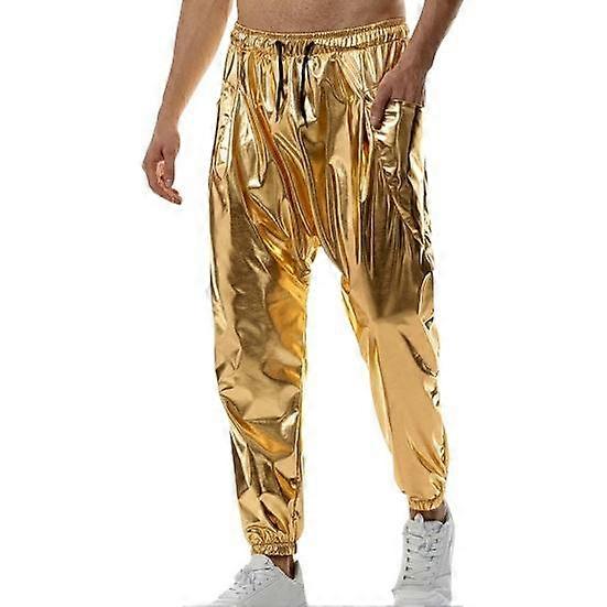 Men Pants Drawstring Elastic Waist Glossy Surface Loose Soft Side Pockets Pleated Solid Color