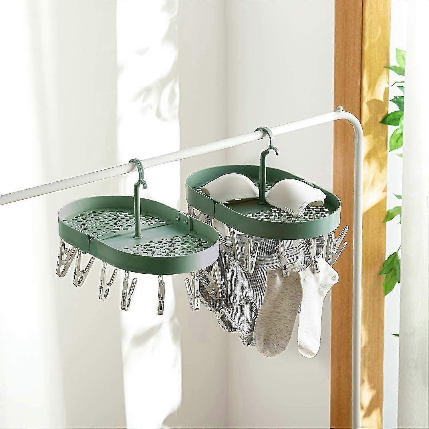 2 Pack Hanging Drying Rack, Sock Drying Rack with 360 Swivel Hook with 14 Clothes Pins (Green)