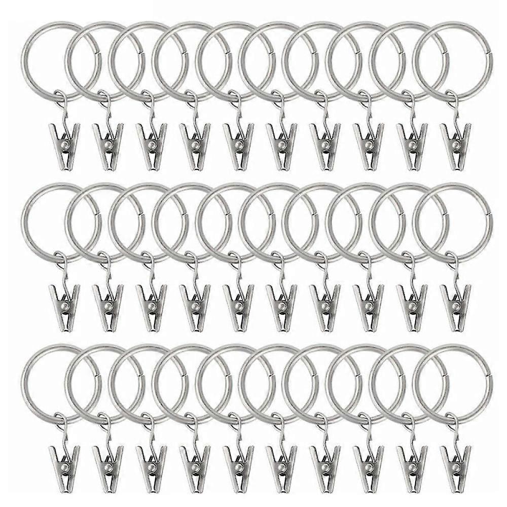 30 pieces curtain rings with clips, sturdy curtain clips, hooks on pull rod bracket, silver