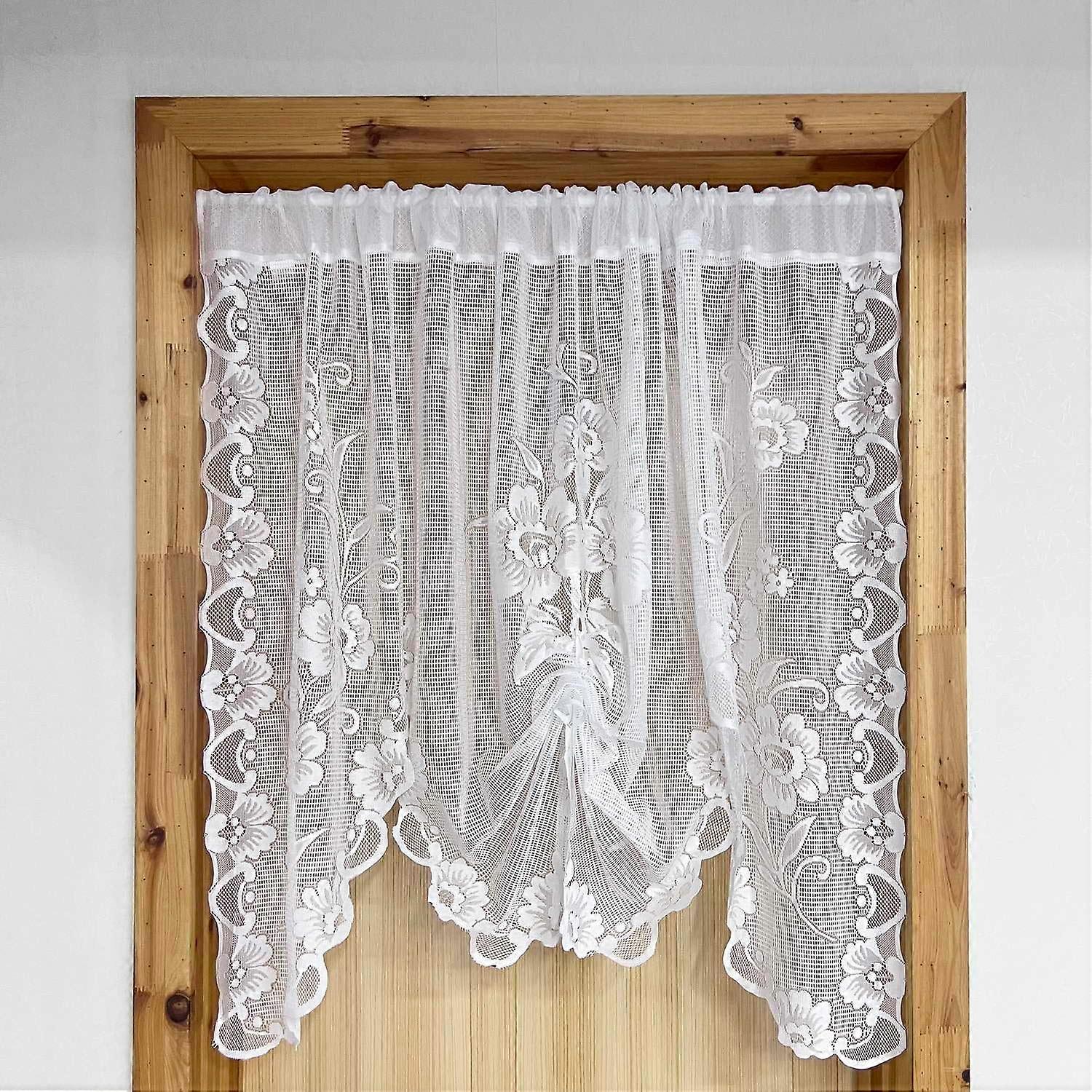 White Swag Sheer Curtain Panel Set with Floral Lace Tie-Up for Half Window Doorway, 55x39 Inch Semi-Sheer Cafe Drape, 2 Panels
