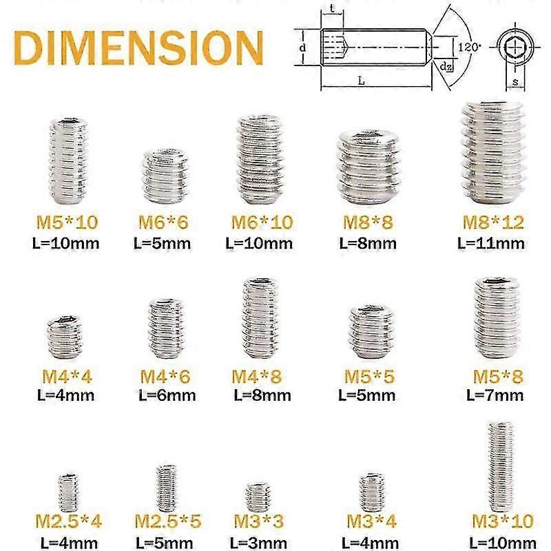 300pcs Kit M2.5 M3 M4 M5 M6 M8 Hexagonal Grub Screws, Set Assortment Kit Stainless Steel Hex Socket Set Screw-needle Screws With Internal Hex Drive