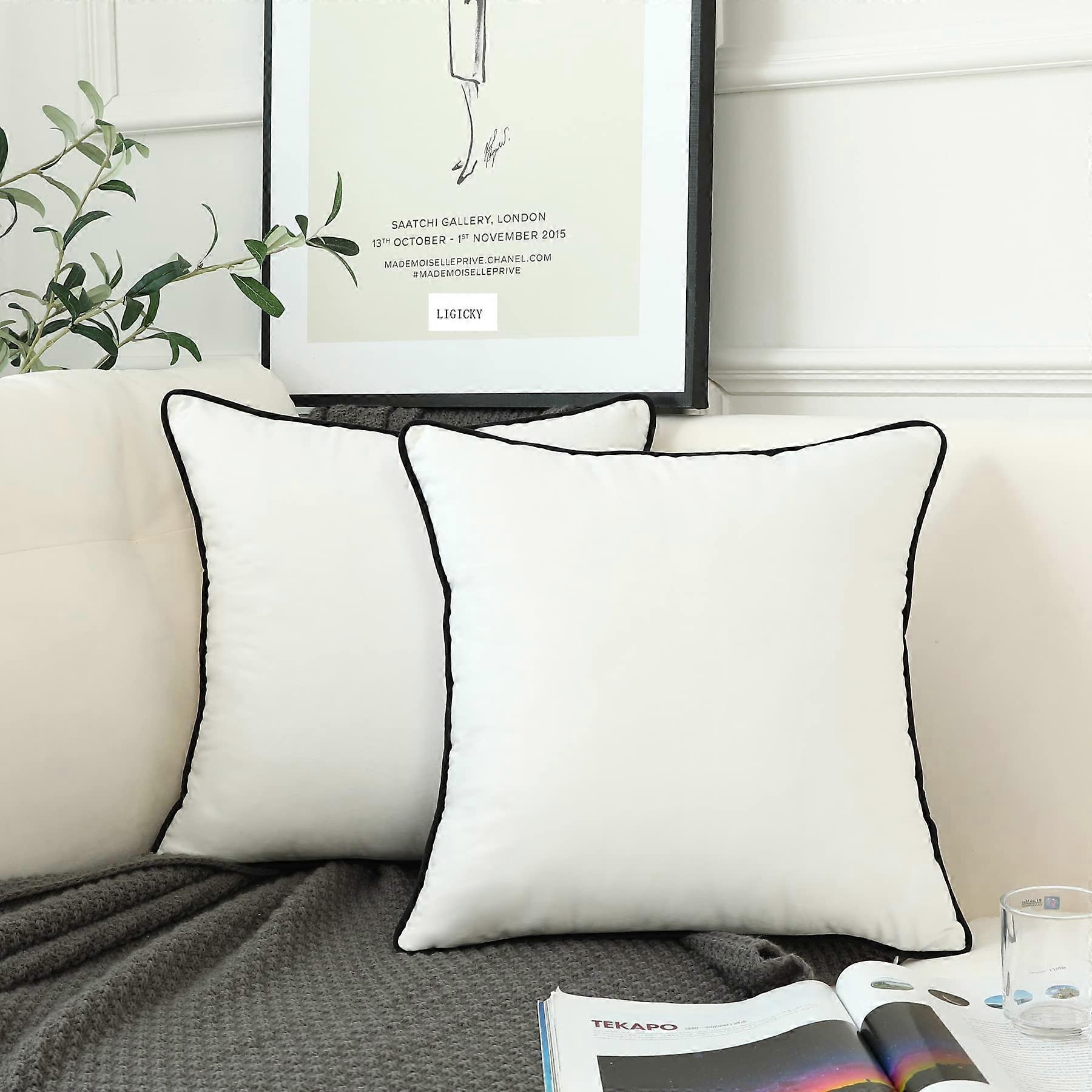 2 White Velvet Pillow Case Set Modern Minimalist Style Floor Decorative Black Rope Edge
