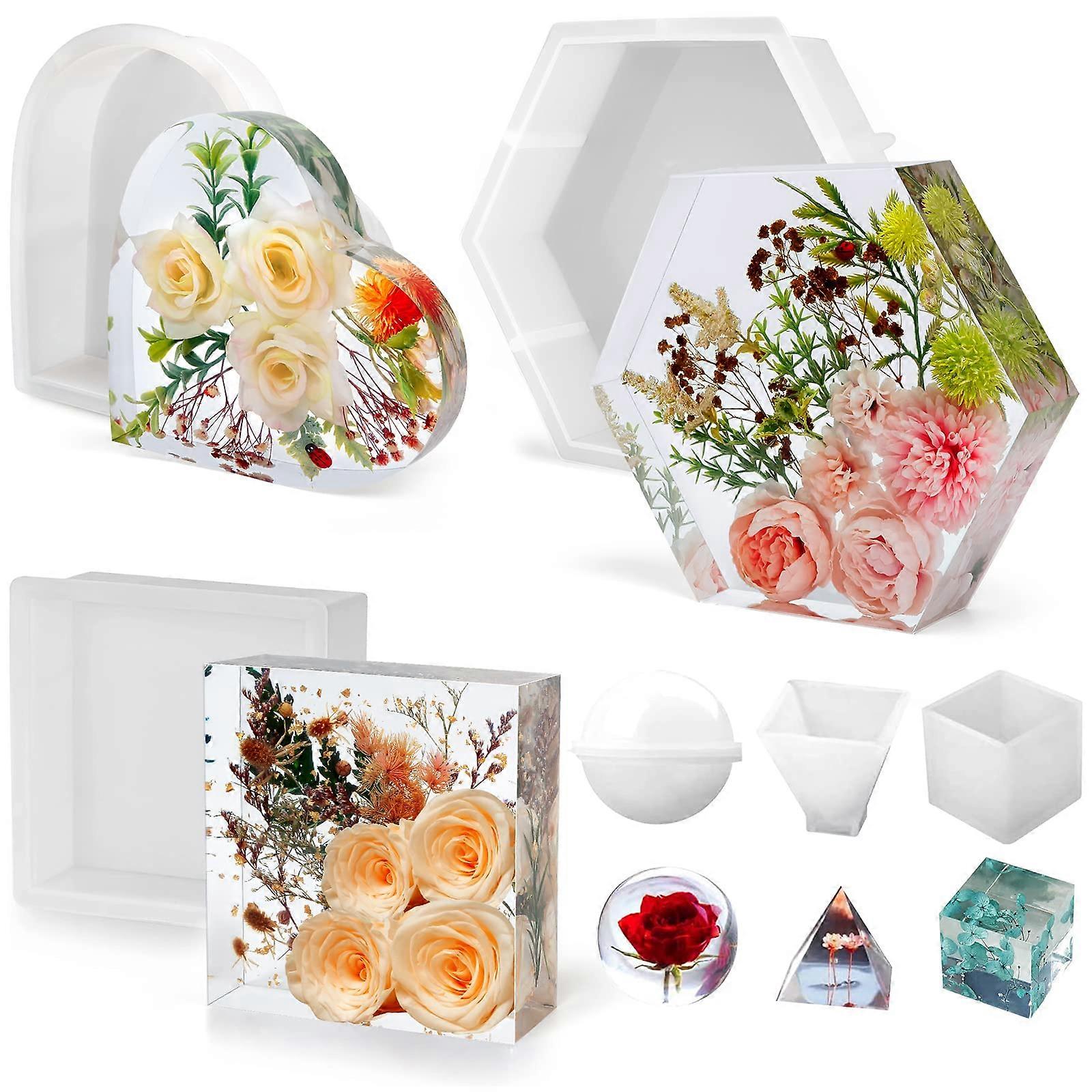 Resin Molds Silicone for Epoxy Resin Casting, Hexagon Heart Square Shapes for Flower Preservation DIY Bookends
