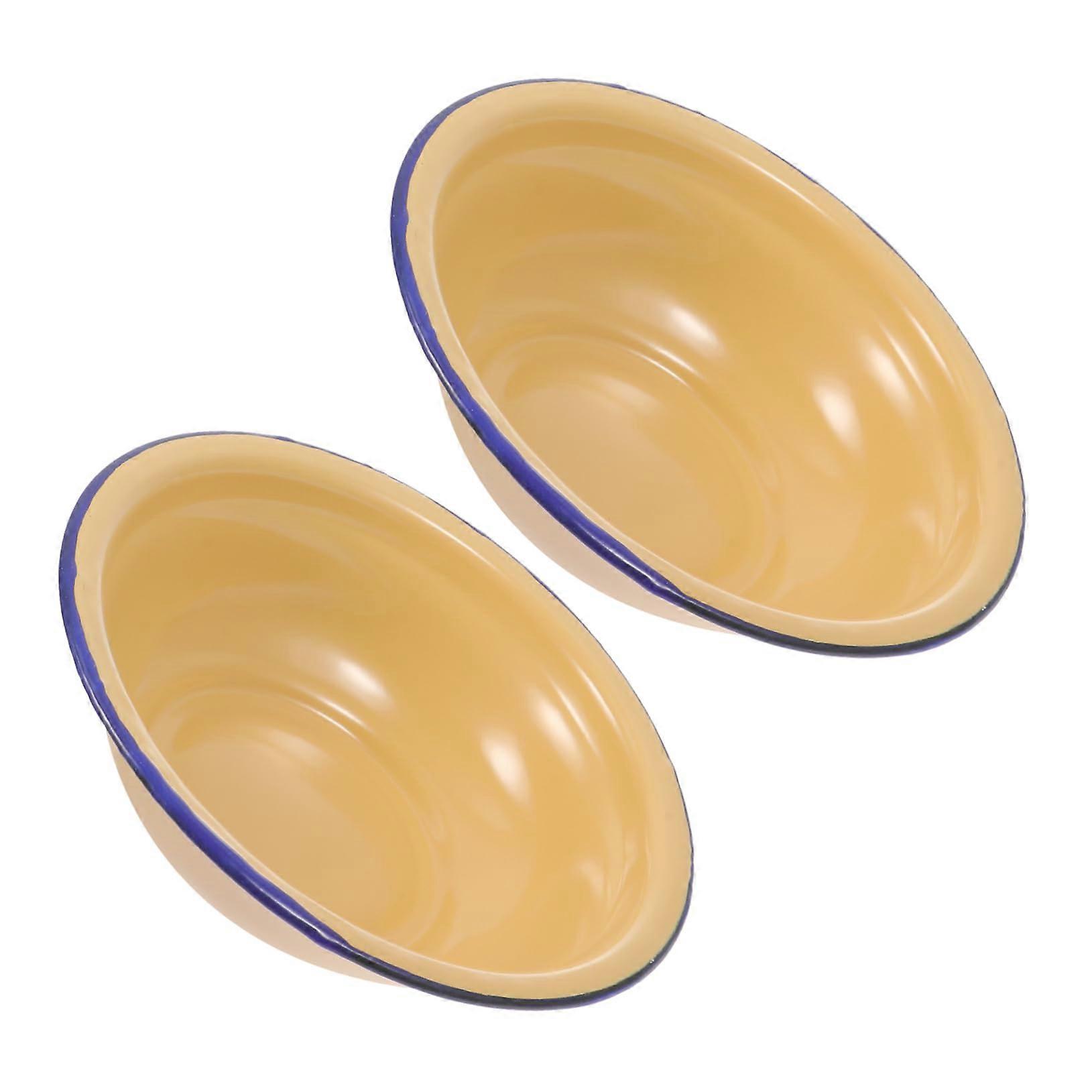 Enamel Soup Bowl Set - 2 Large Ramen Noodle Serving Bowls 26x26x7cm with Lids, Yellow Cookware for Smoothies and Soups