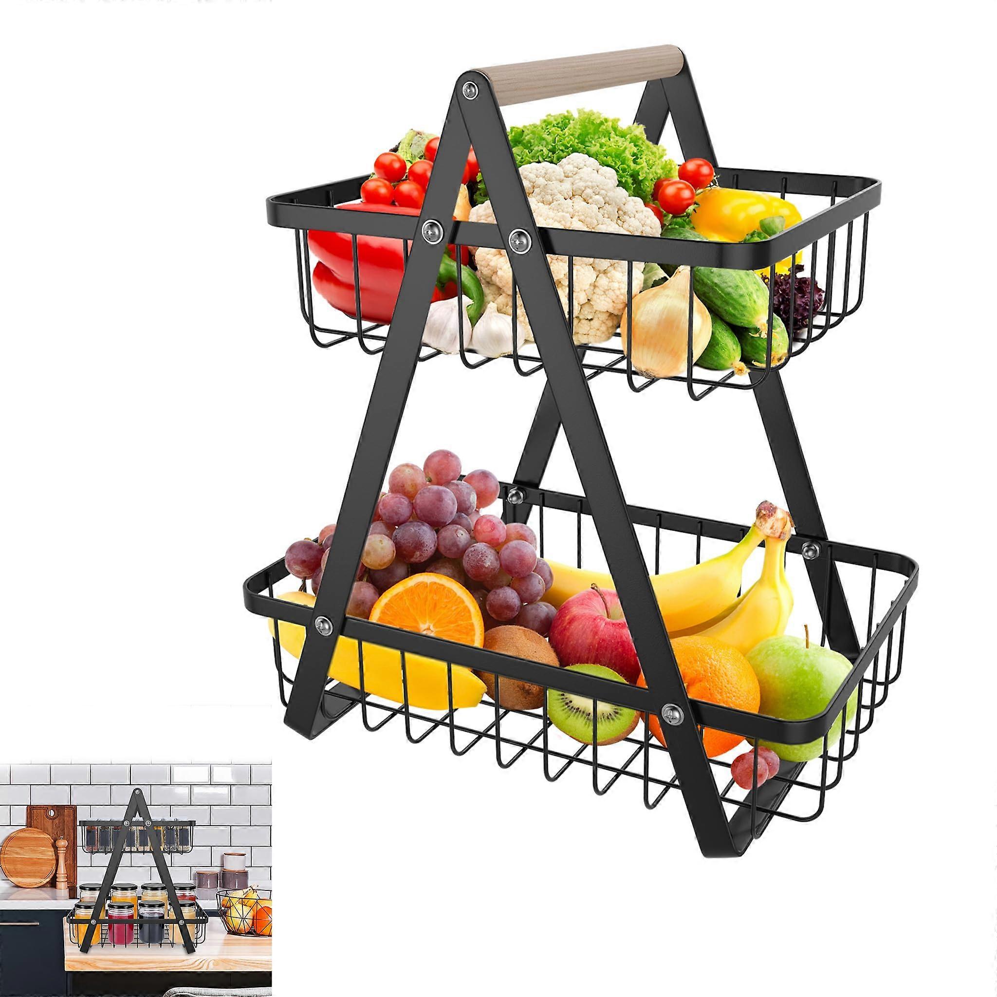 Two-Tier Fruit Basket With Wooden Handle For Kitchen Storage Maximizes Counter Space, Double Layer Organizer