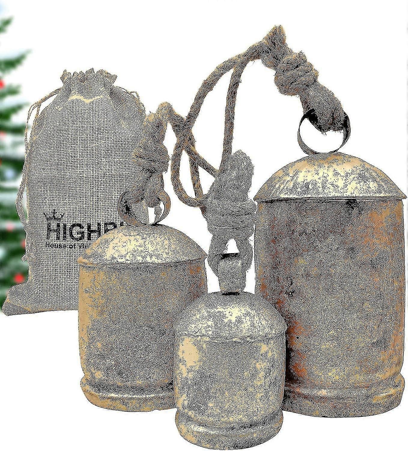 مجموعة من 3 أجراس البقر العملاقة ضخمة خمر اليدوية ريفي محظوظ عيد الميلاد شنقا أجراس XL على حبل