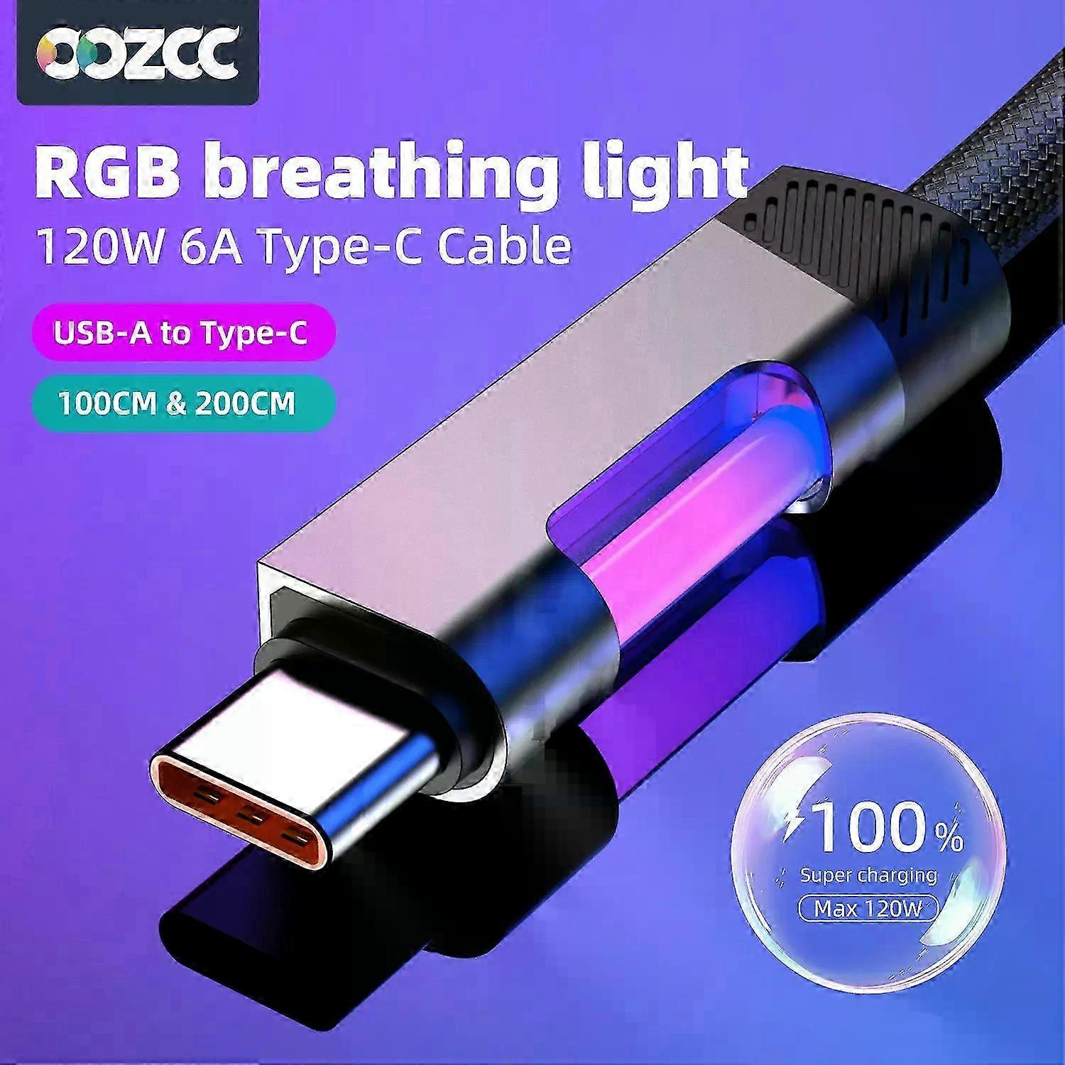 RGB Fast Charging Cable 120W 6A USB Type C Charge Cable with Ambient Light