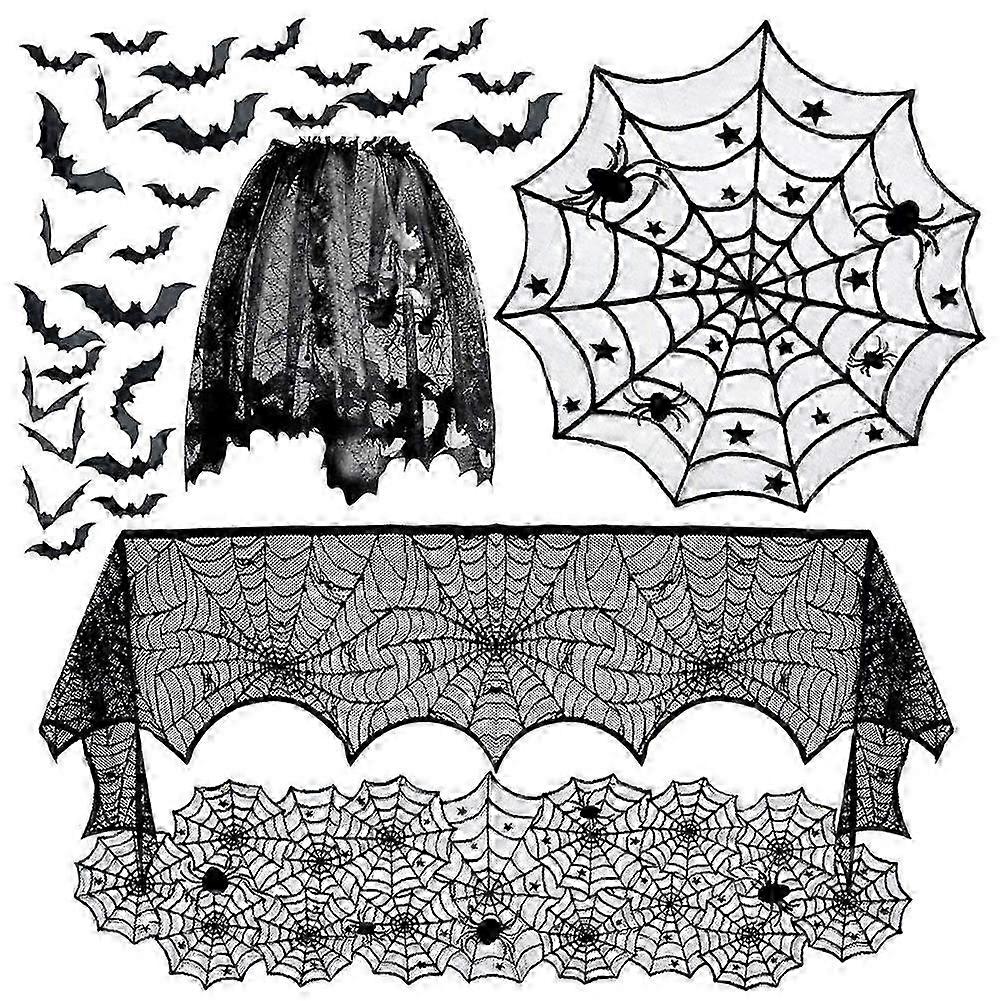5Pcs Halloween Decorations, Round Lace Table Cloth, Rectangular Lace Table Cloth with Spooky Bat and Spider Web Design
