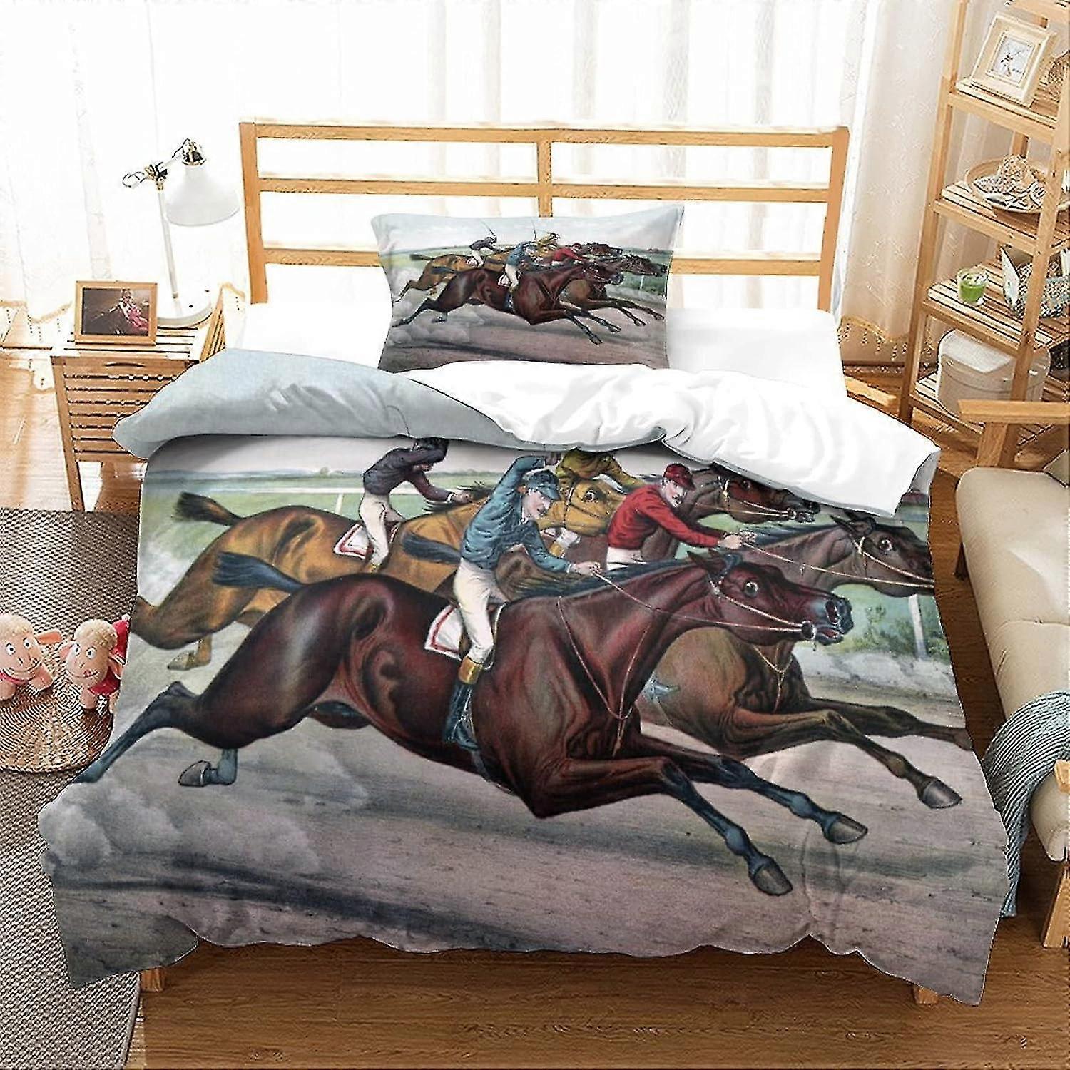Horse Racing Printed Duvet Cover Set Soft Microfiber Bedding Set for Adults and Kids 2PCs with Zipper Closure for Home Decoration