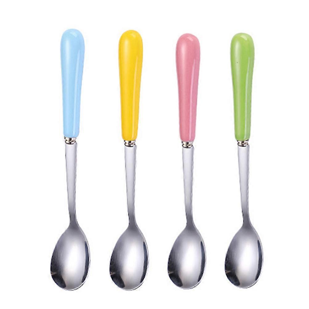 4pcs Stainless Steel Coffee Spoons with Ceramic Handles in Blue, Pink, Yellow, and Green for Home, Office, Bakery, or Café Use