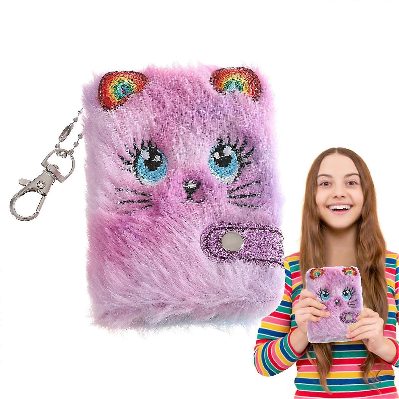 Plush Diary, Cute Cat Kids Diary with Keychain, Plush Journal, Gift with Sequin Design, Girls Diary Purple