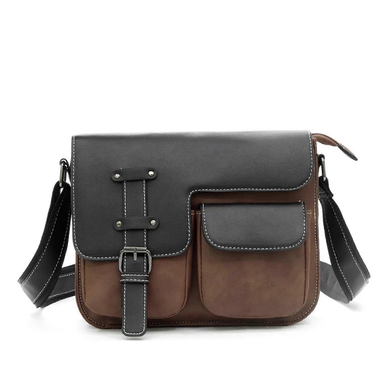 Men's briefcase made of matte leather, single shoulder strap, multiple compartments, business (Brown)
