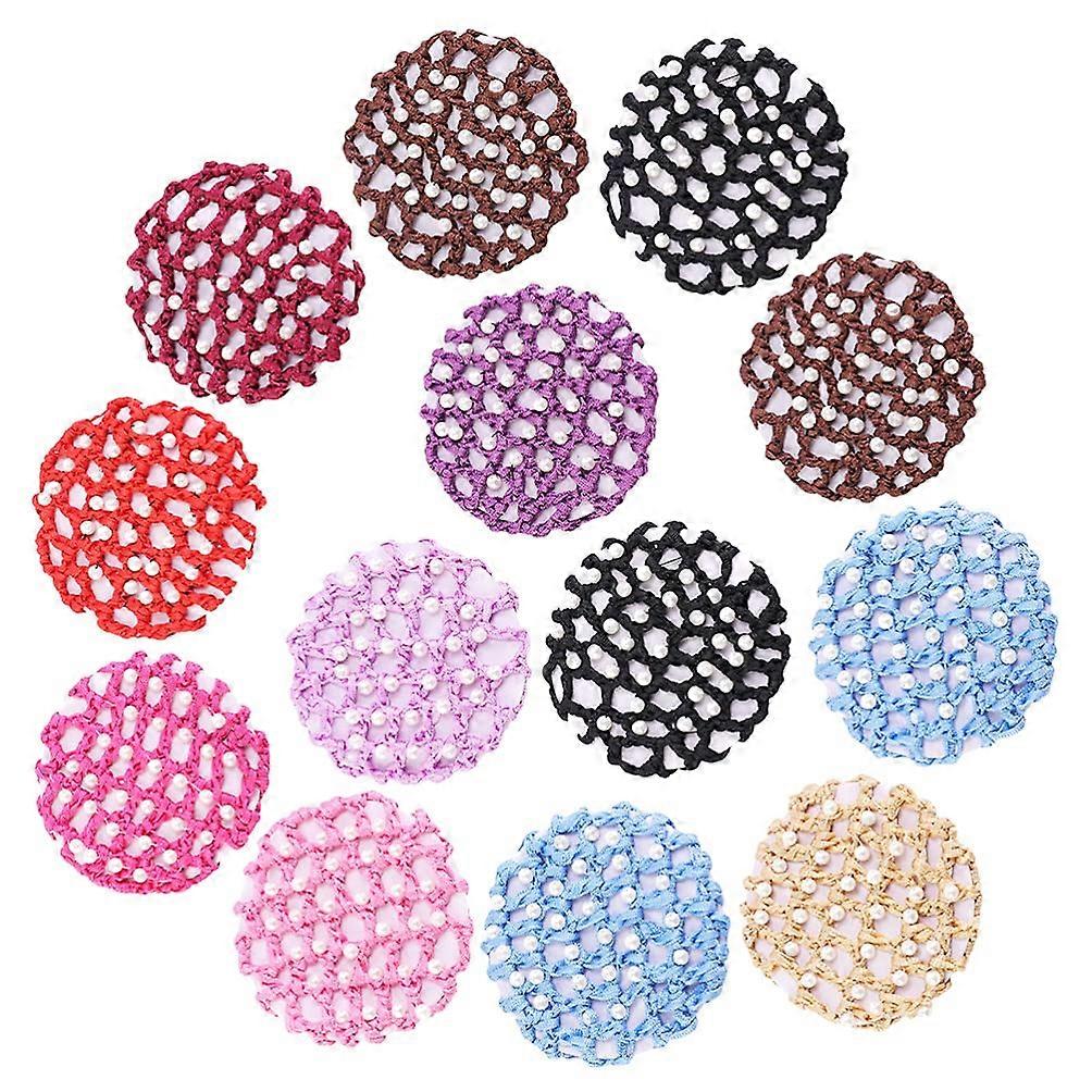 13pcs Bun Cover Snood Hair Net Handmade Ballet Dance Skating Chic Crochet with Rhinestones for Women Girls (Various Colours)