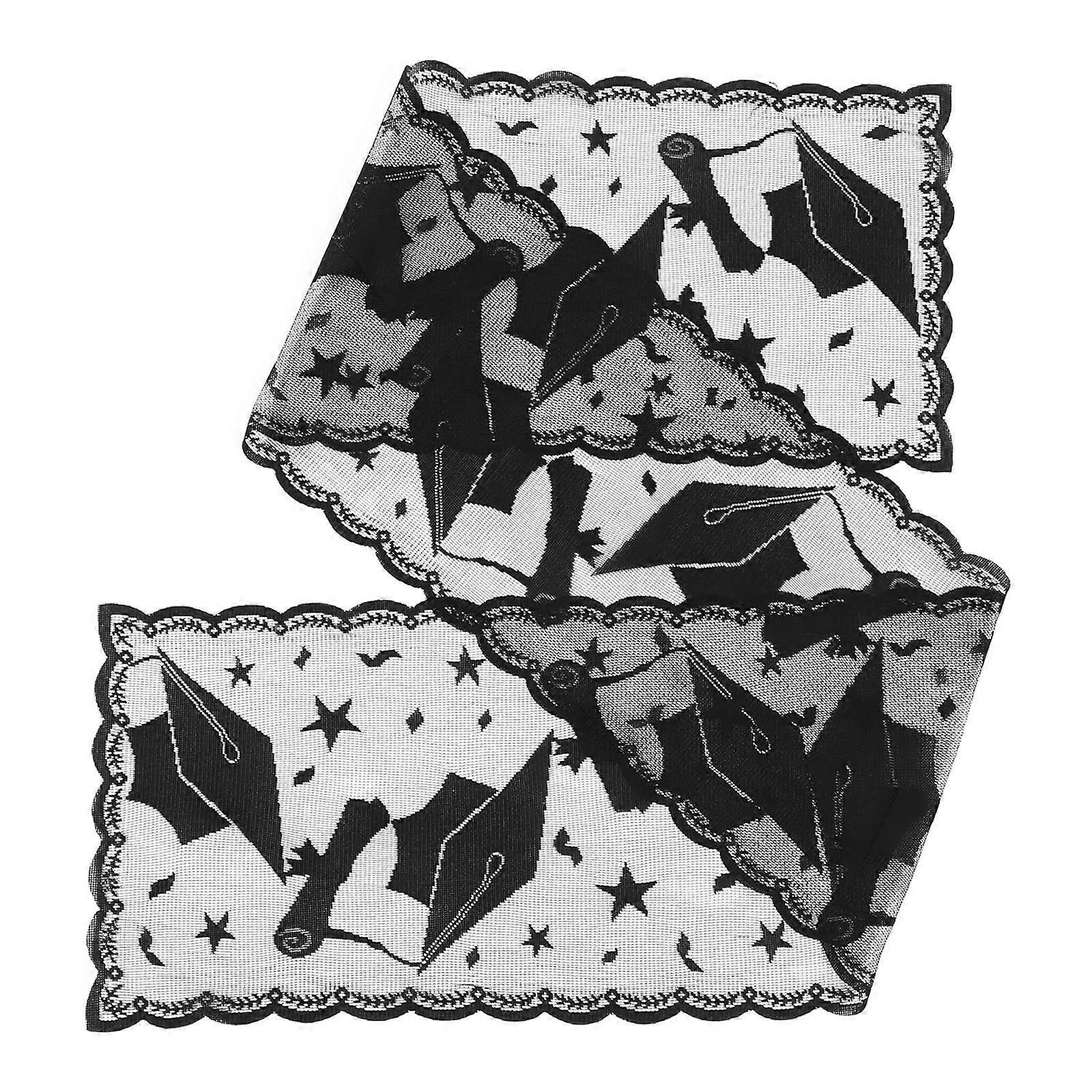 Lace Table Runner with Cap and Diploma Design for Graduation Party, Festive School Celebration Decor for Dessert & Buffet Tables