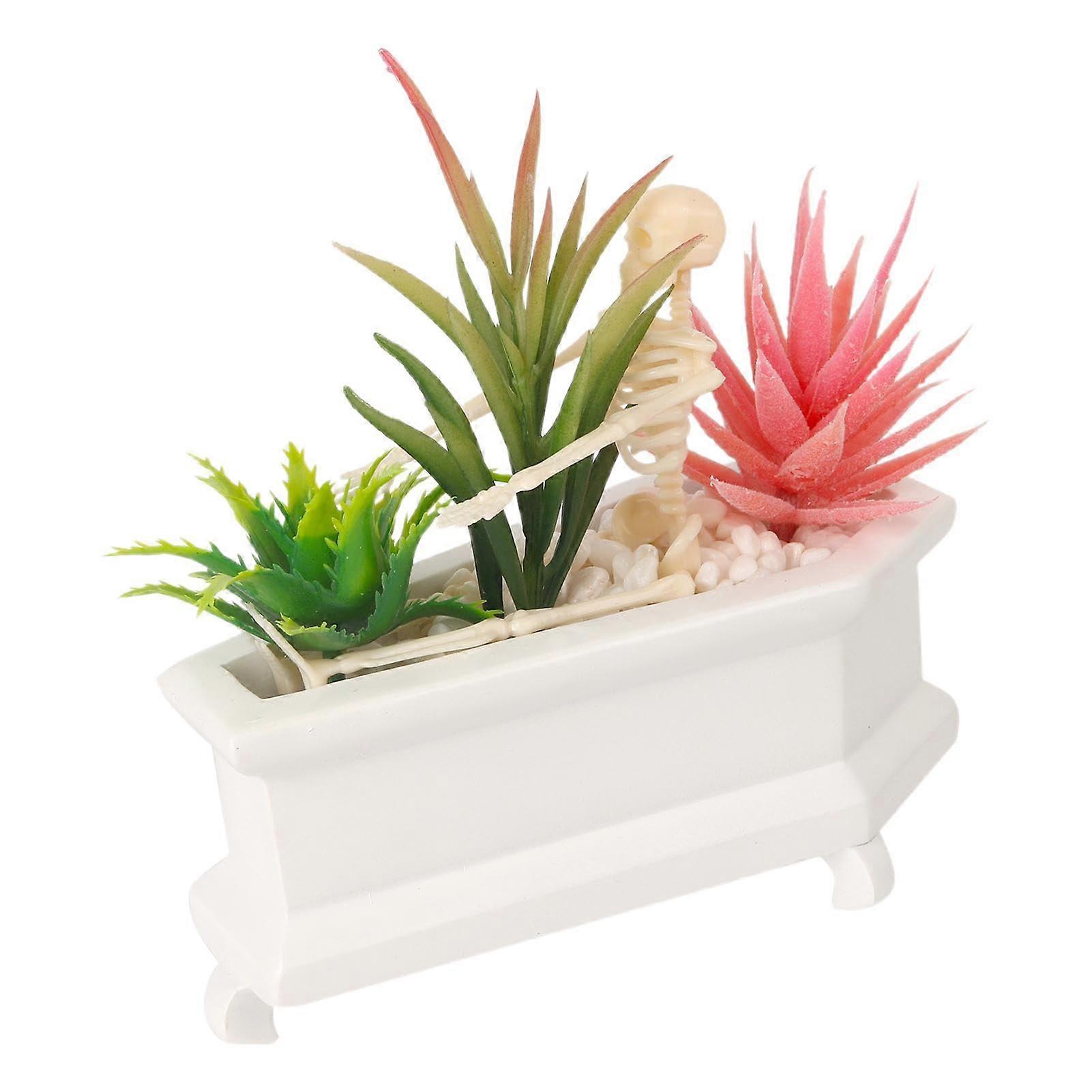Totenkopf artificial plant, Skeleton in coffin, desktop decor, white box planter model B