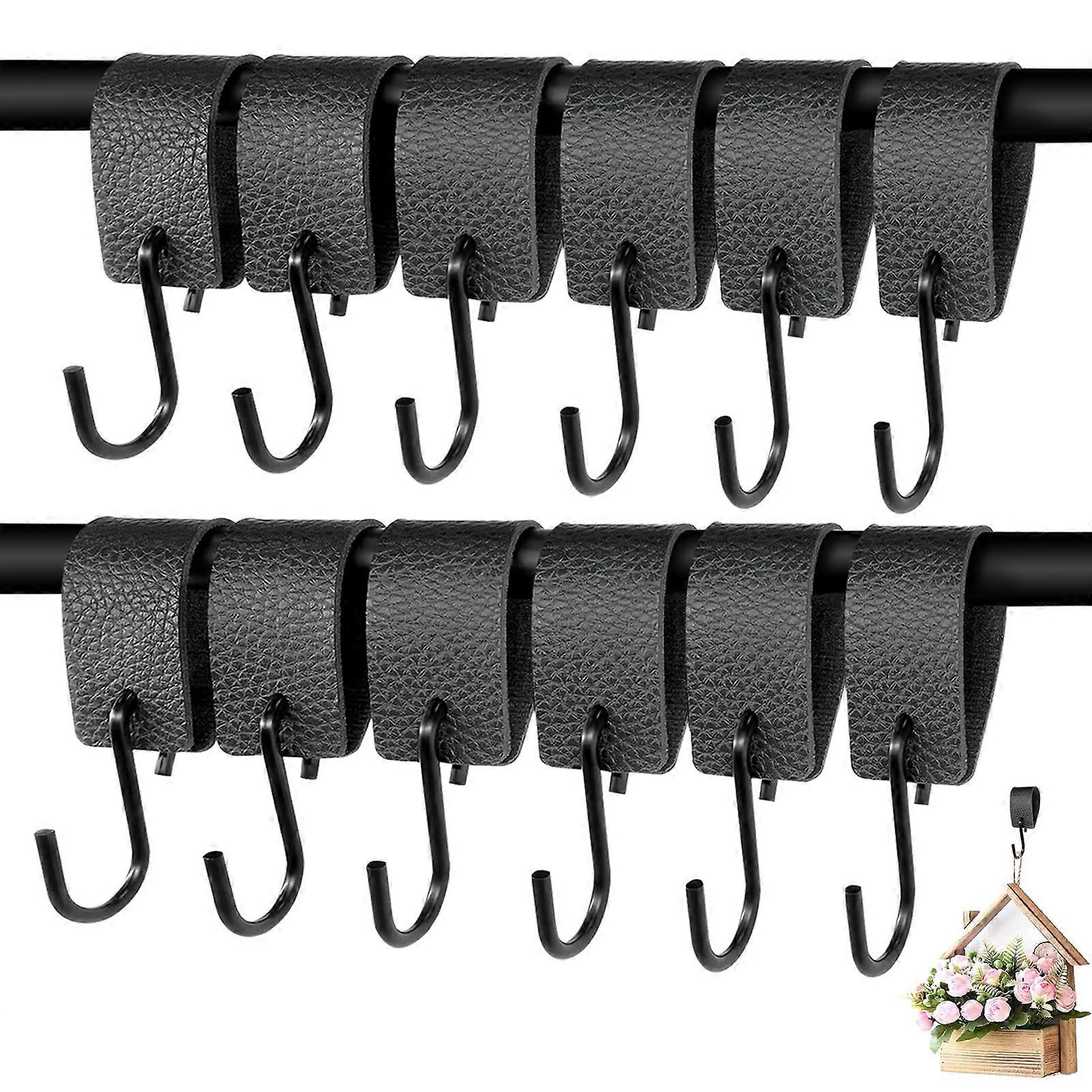 Pack of 6 Black Leather Loop S Hooks for Hanging Coat, Clothes Rail, Butcher Hooks, Durable Metal Design