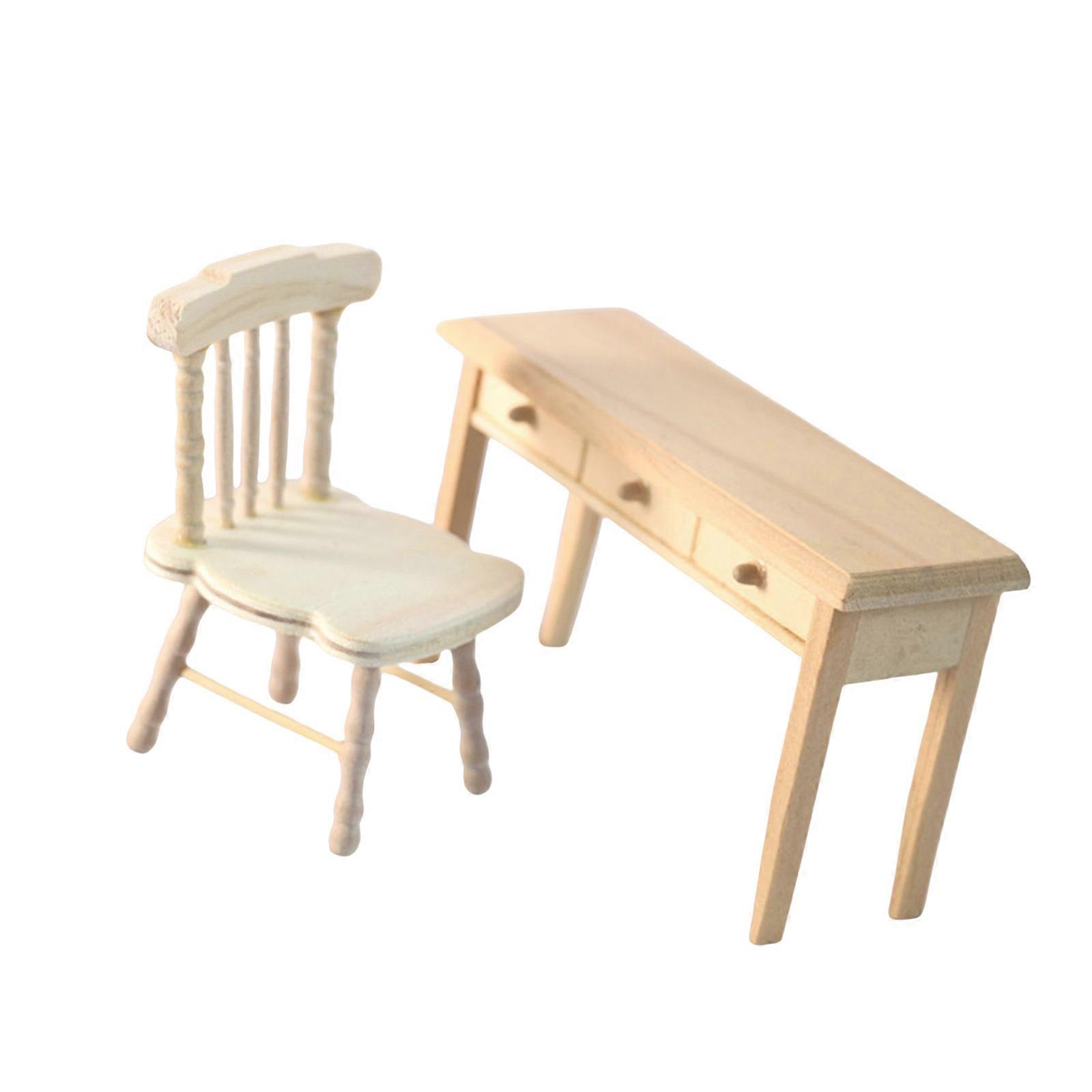 Classical Unfinished Wood Doll House Chair Desk School Furniture Model Set For Craft Model Project Scene Decoration Multicolor