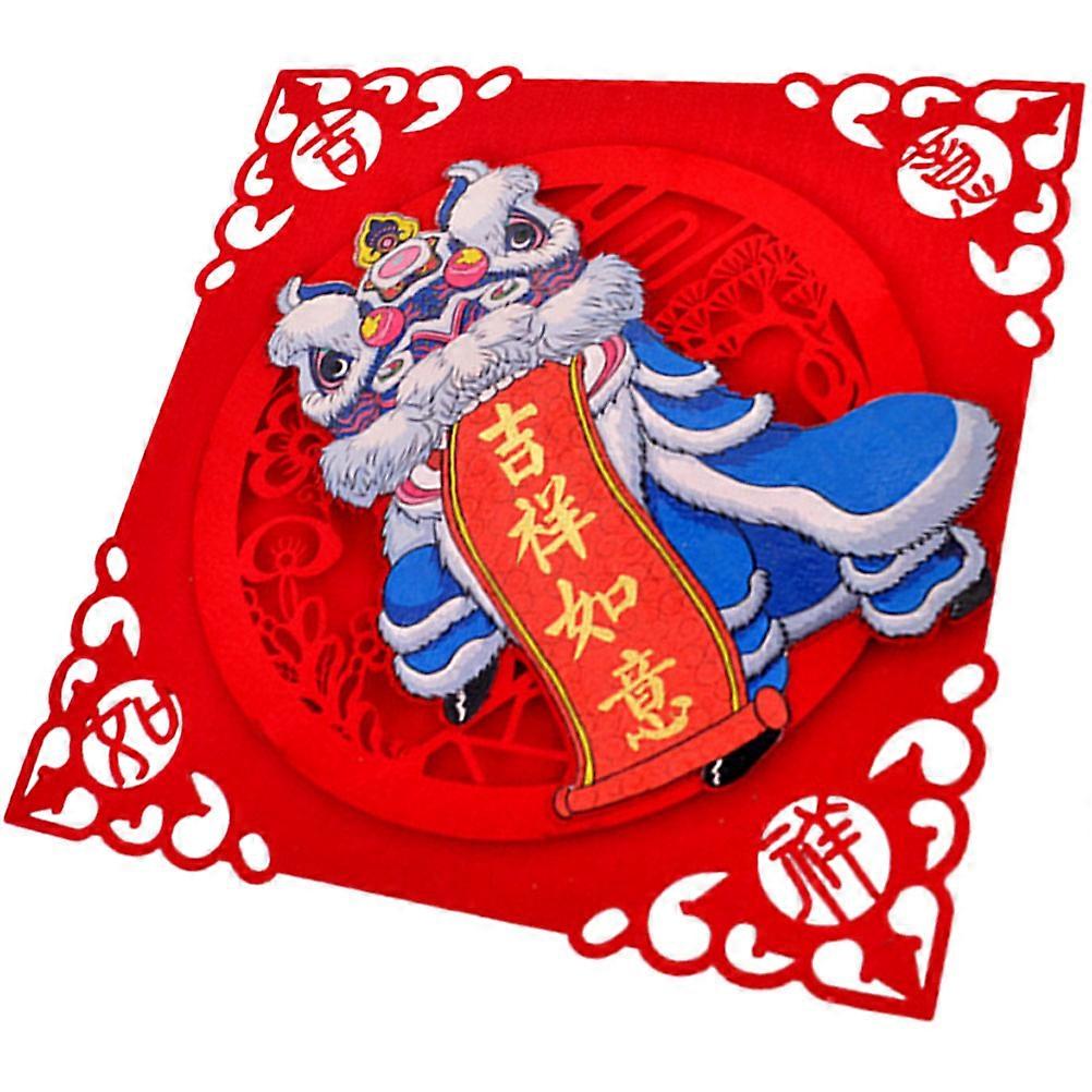 Spring Festival Door Sicker Lion Pattern Door Ornament Festive Chinese Style Decoration 32X32CM Red Felt Cloth 1Pack