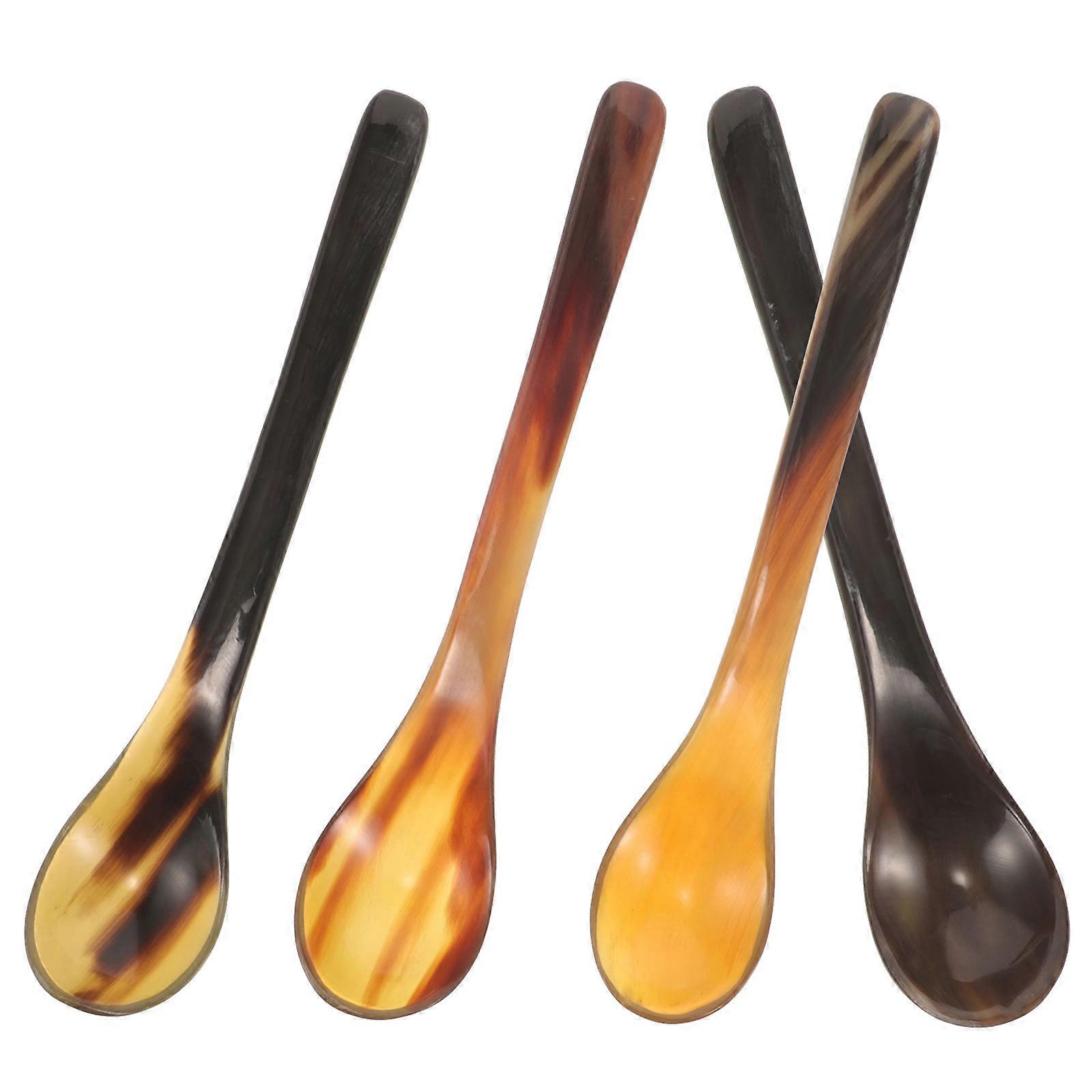 4pcs Long Handle Ox Horn Spoons Portable Honey Mixing Spoons for Coffee, Tea & Dessert Compact Design, Comfortable Grip