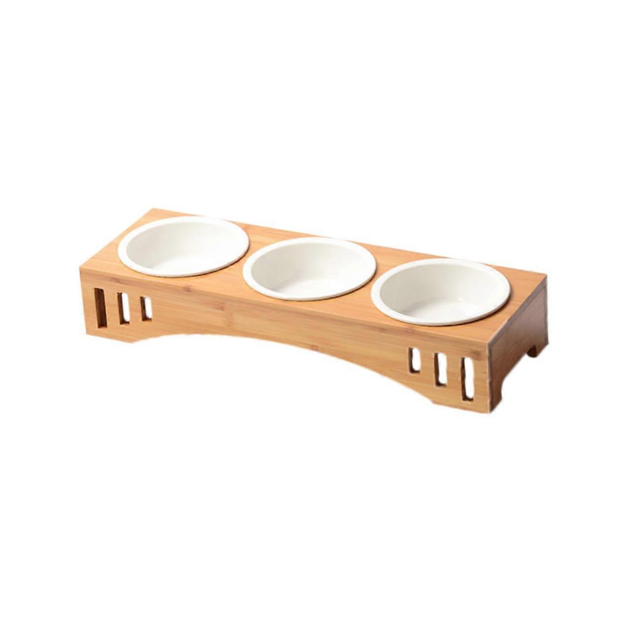 Elevated Cat Feeding Station with Ceramic Bowls, Non-Slip Bamboo Stand for Pets
