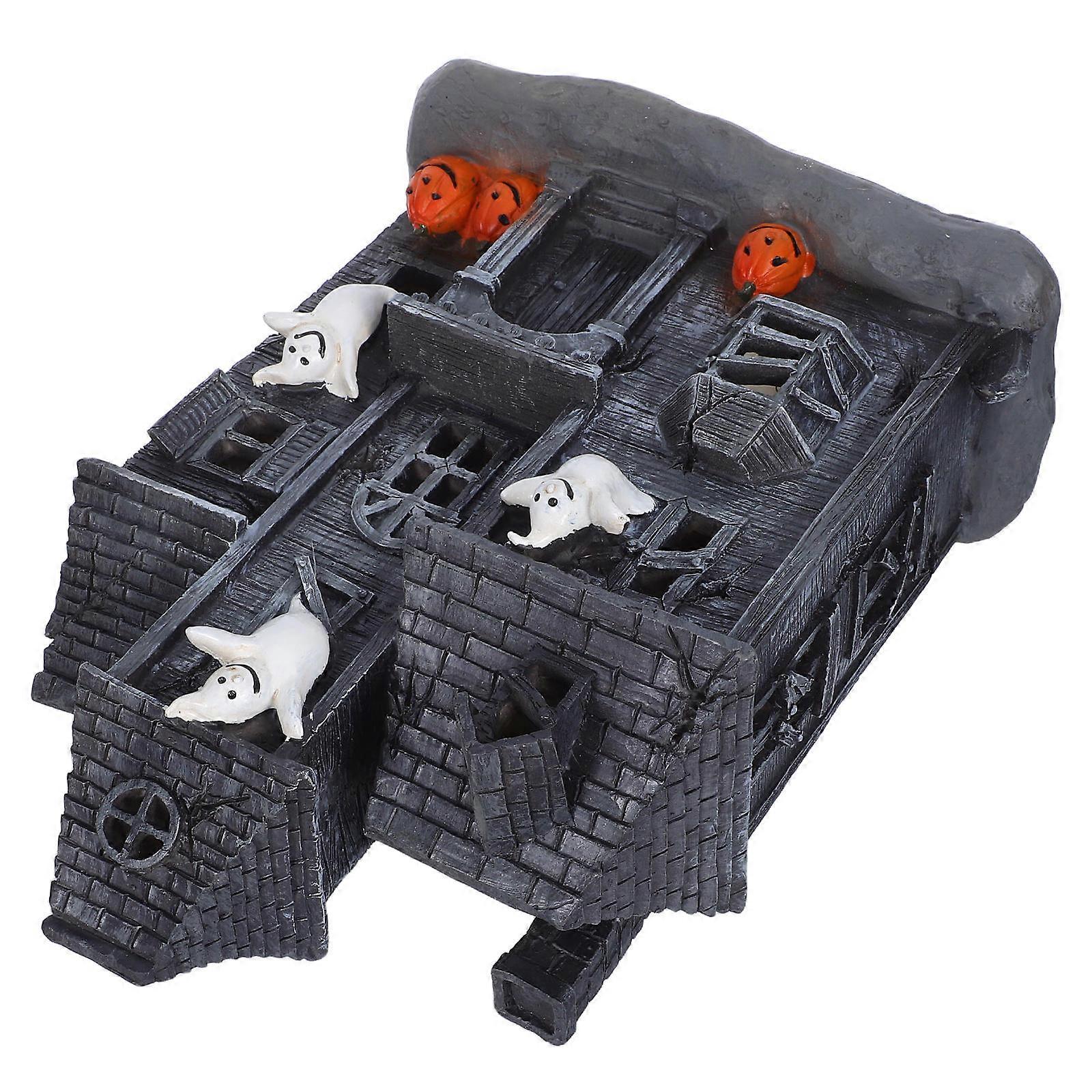 Glowing Halloween Haunted House Statue with LED Ghost Figurine – Spooky Portable Desktop Decoration for Holiday and Party Ambiance