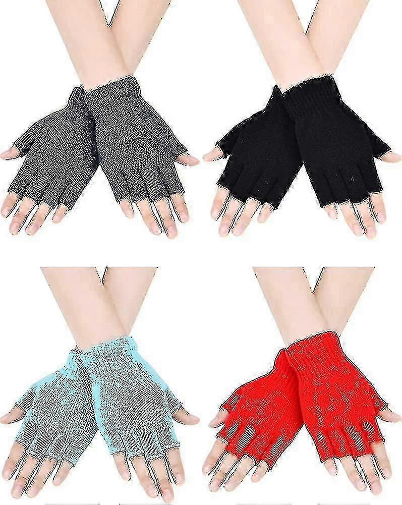 4 Pairs Fingerless Gloves Half Finger Mittens Winter Solid Color Knitted Typing Gift