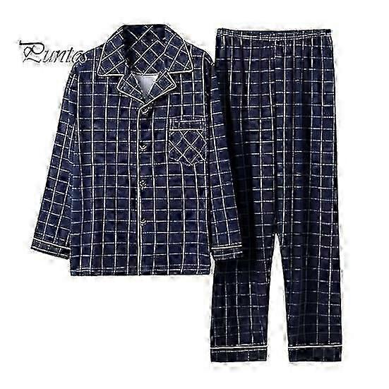 2Pcs/Set Men Pajamas Set Plaid Print Lapel Long Sleeve Single Breasted Shirt Elastic Waist Long Pants Set Loose Fit Loungewear Suit