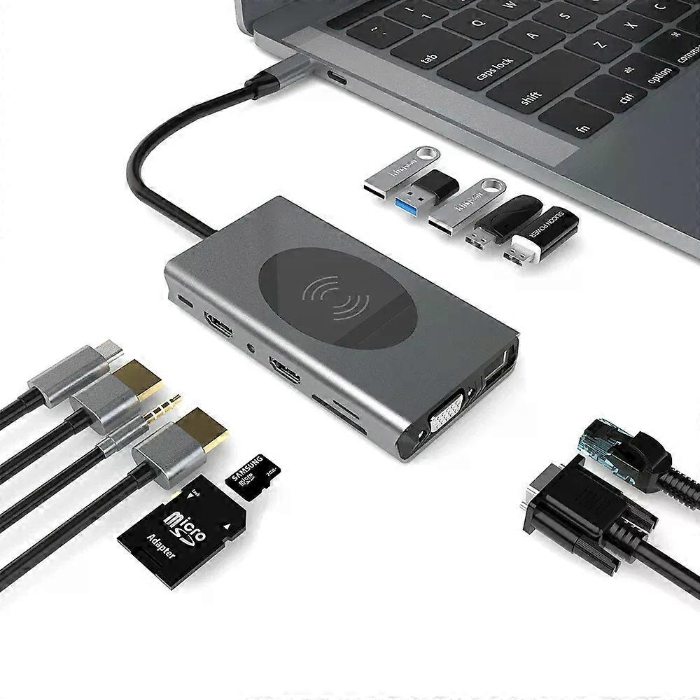 USB C HUB Double HD-MI 4K30Hz Dock Station Type C with 10W Wireless Charging RJ45 Ethernet for Macbook iPad M2 M1 Docking Statio