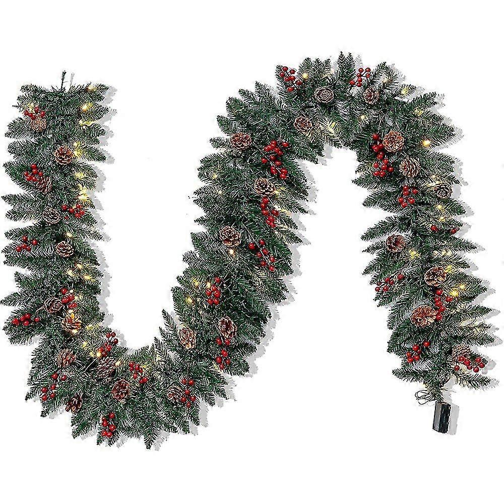 Pre-lit 2.7 Meter Artificial Christmas Garland with 100 LED Lights, 27 Pine Cones, 27 Red Berries, Waterproof Timer Function for Home & Office Indoor
