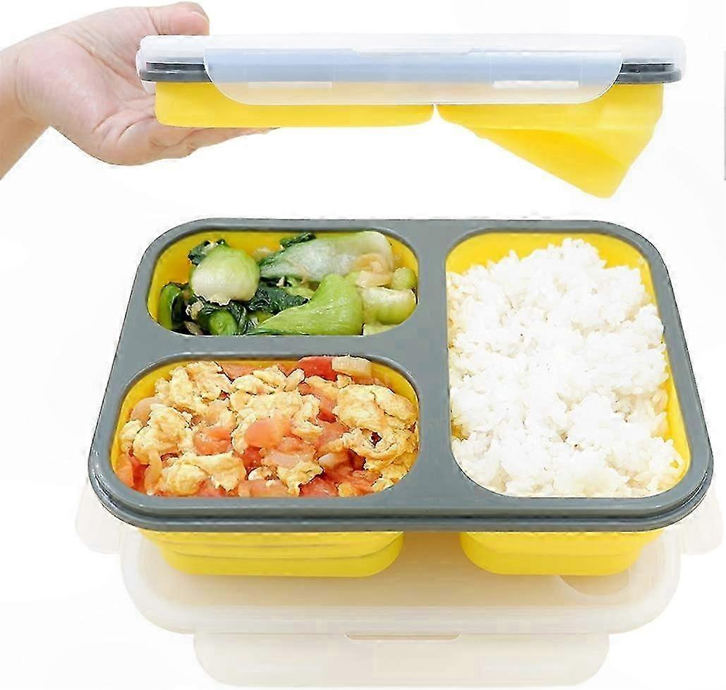 Silicone Collapsible Food Storage Box, 3-Compartment Leakproof Container, BPA-Free Lunch Organizer (Yellow)