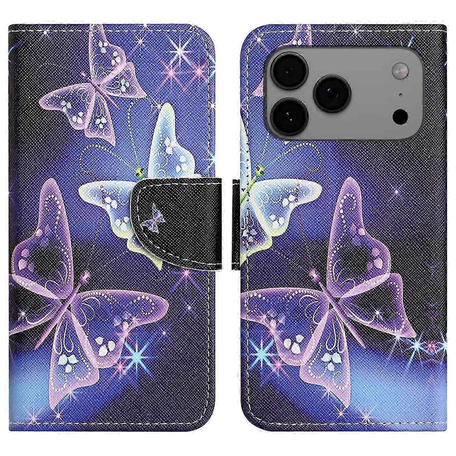 For iPhone 17 Pro Case Pattern Printing Cross Texture Leather Phone Cover - Sparkling Butterfly
