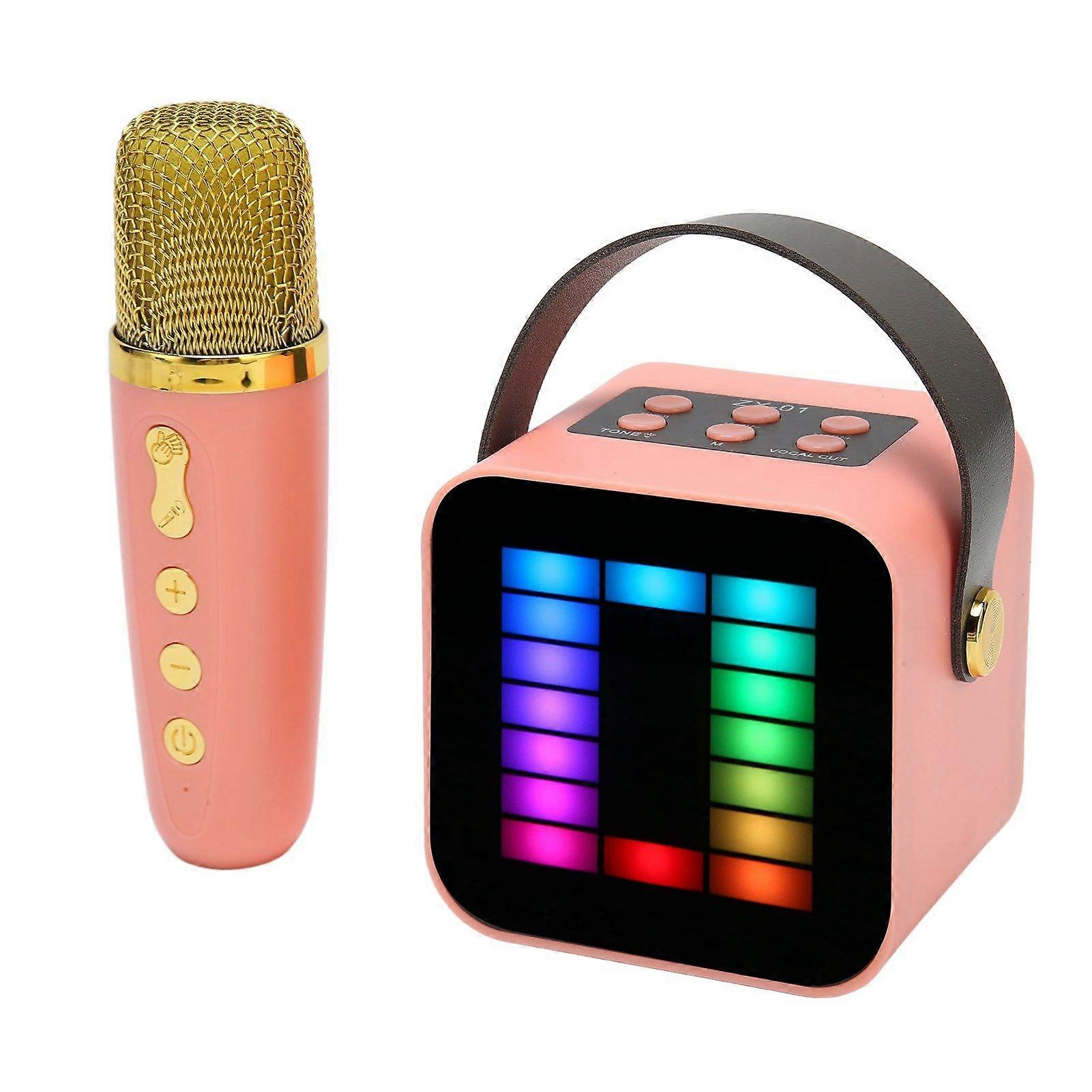 Mini Karaoke Machine Set RGB Pickup Light Digital Processing Chip Handheld Portable Bluetooth Speaker with Microphone PinkSH