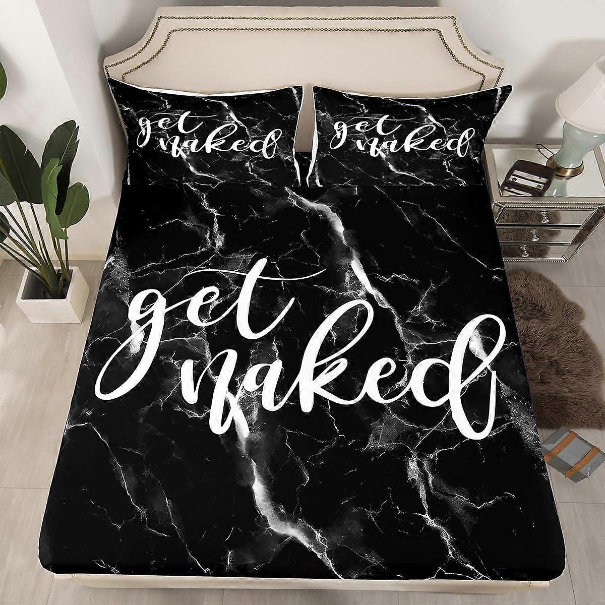 Black White Marble Bed Sheet Set Queen Size 3Piece Fitted Sheet Marble Print Modern Abstract Bedding