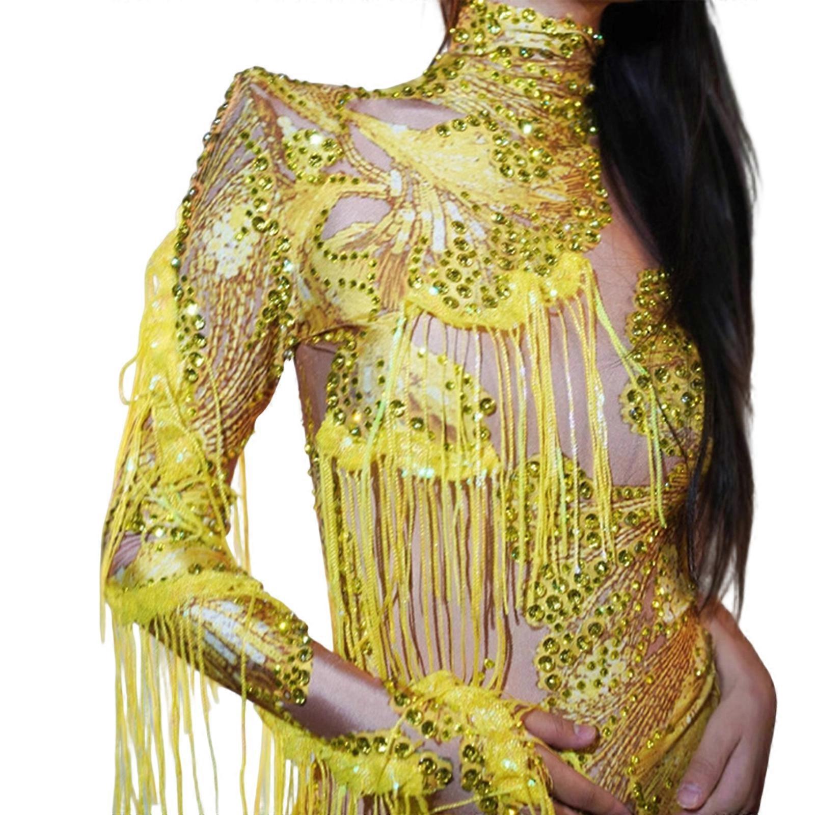 Stagewear One Sleeve Jumpsuit With Fluid Fringe Ornamentation Optimized For Extended Dance Rehearsals  Yellow XL