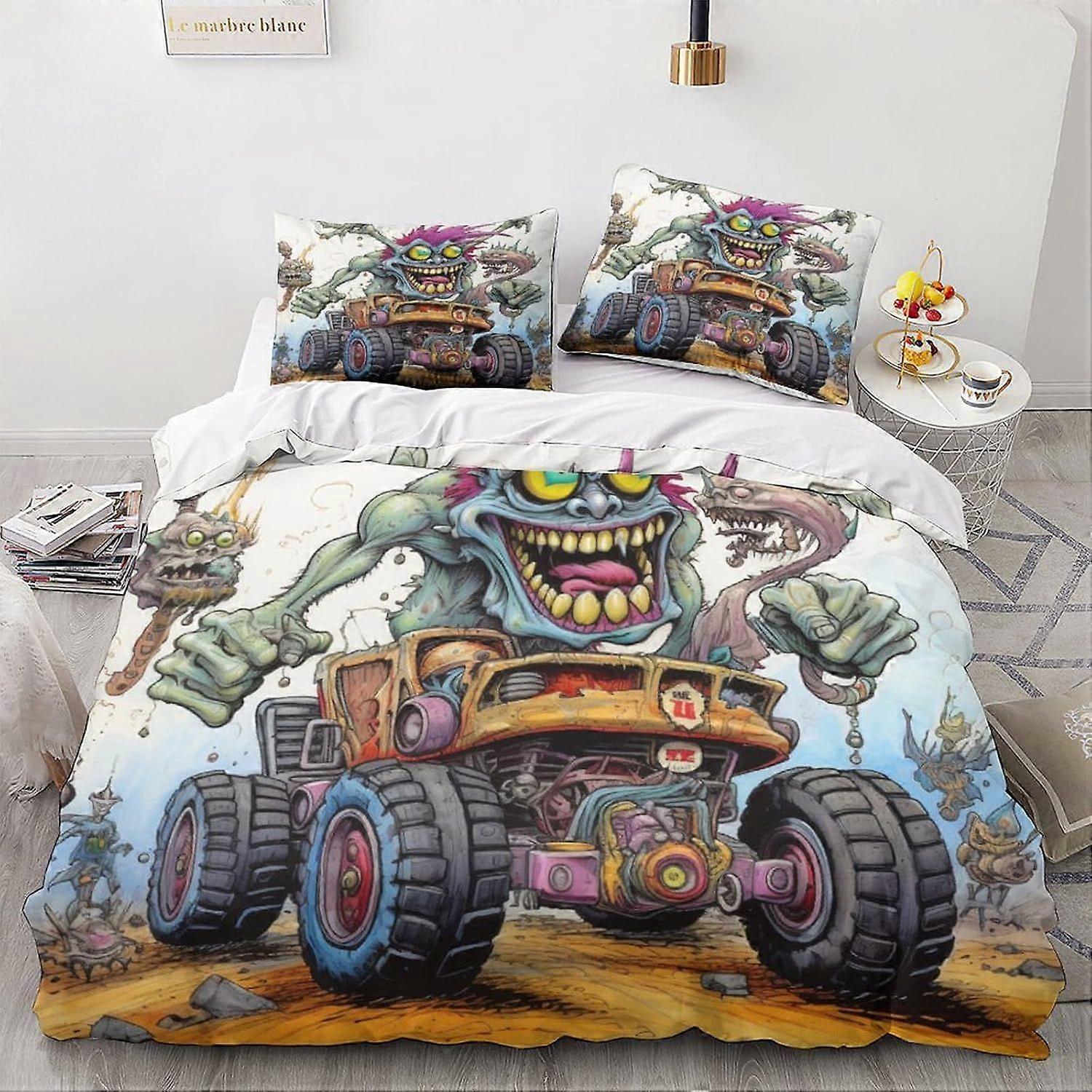 LikeEj monstro jogo de cama dos desenhos animados edredom capa vintage carro colcha capa edredom capa edredom crianças roupa de cama conjunto 3 pcs duplo
