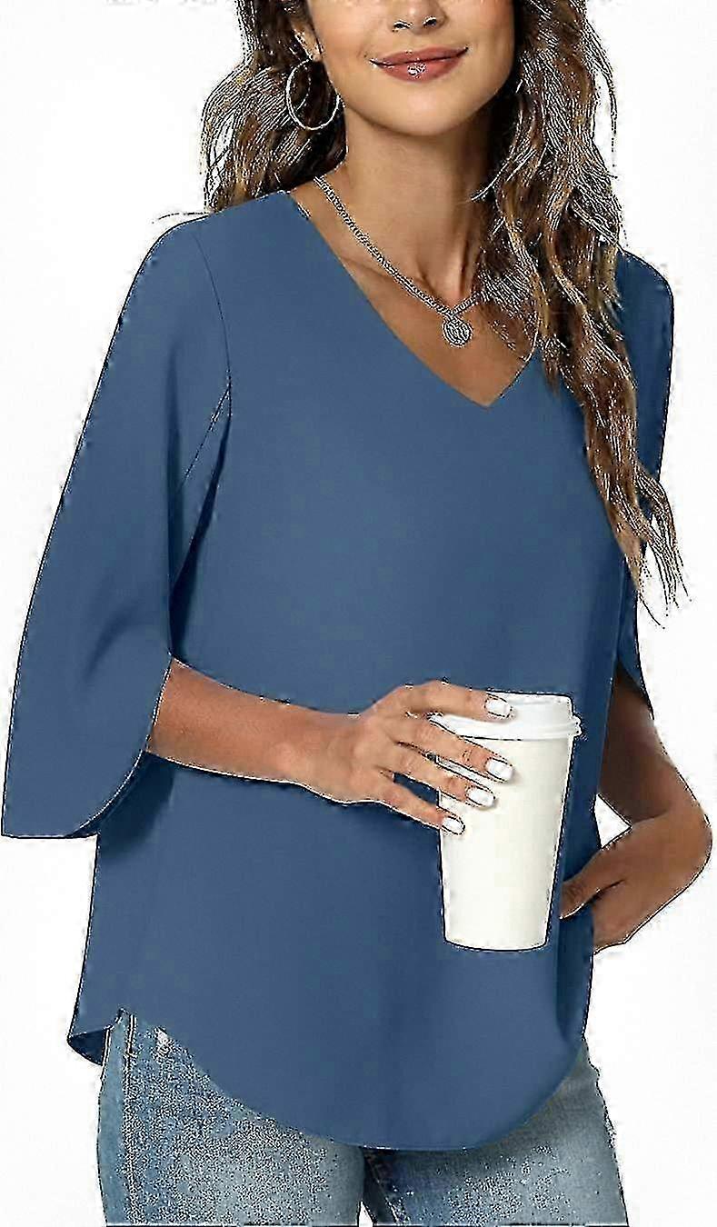نسائي الصيف كاجوال تونيك رقبة على شكل V مع 3/4 أكمام مقصصة, بلوزة شيفون خفيفة الوزن للطماق
