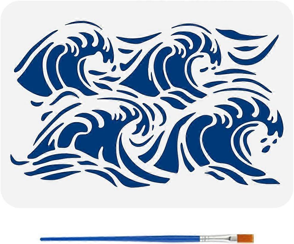 Waves Stencil with a Paint Brush 11.7x8.3Inch Waves Decoration Stencils Infinite Connections Pattern Stencils Ocean Themes Waves Template for Wood Wal