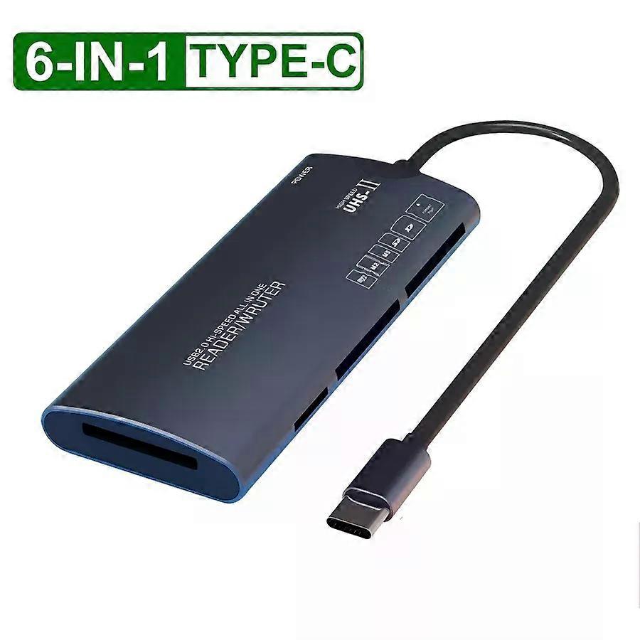6-in-1 USB2.0/TYPE-C multifunction card reader SD/TF/XD/CF/M2 memory card adapter, suitable for data transfer and more.