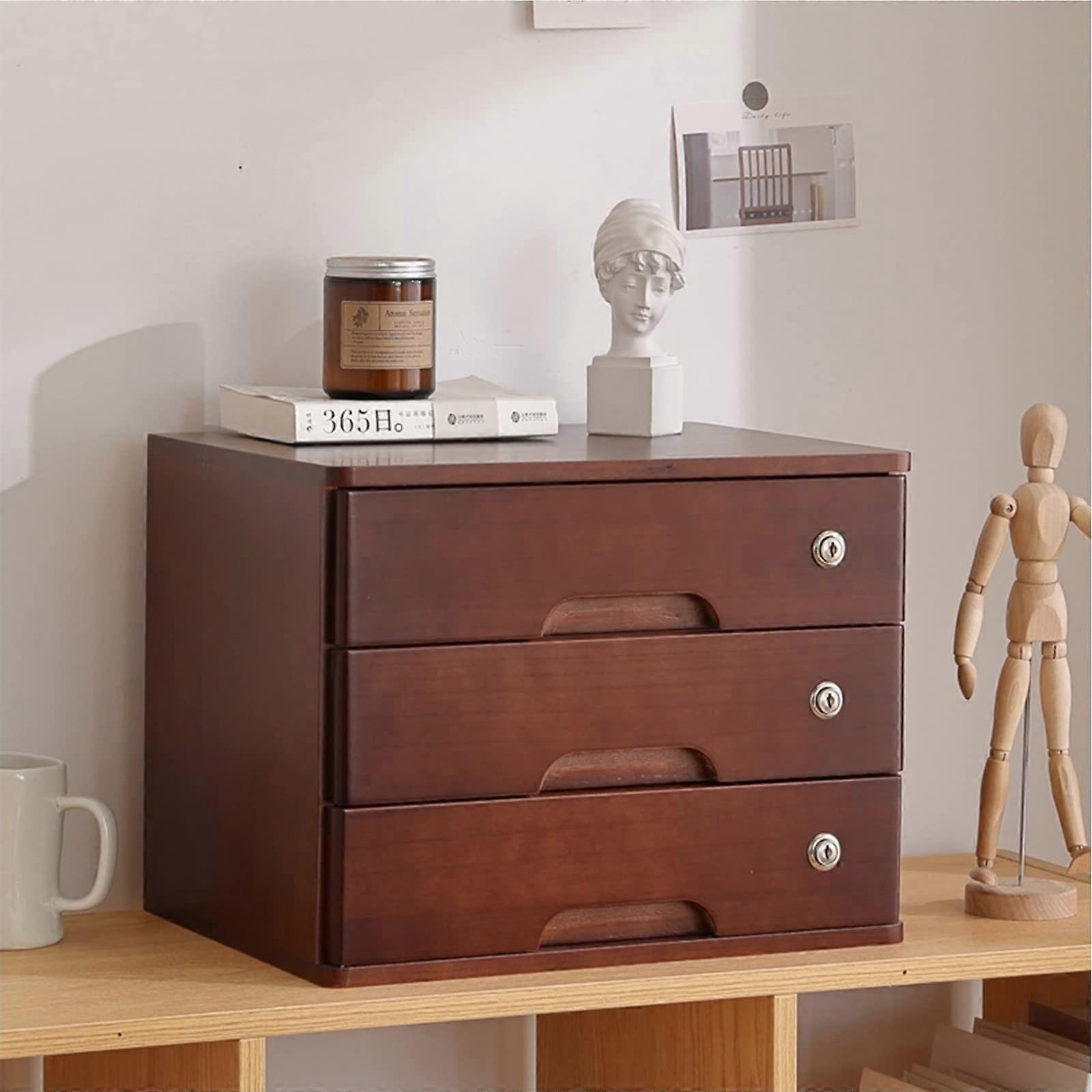 Wooden Desktop Storage Organizer with Lockable Drawers, MultiLayer File Cabinet for Monitor Stand or Printer in Home Office Workspace