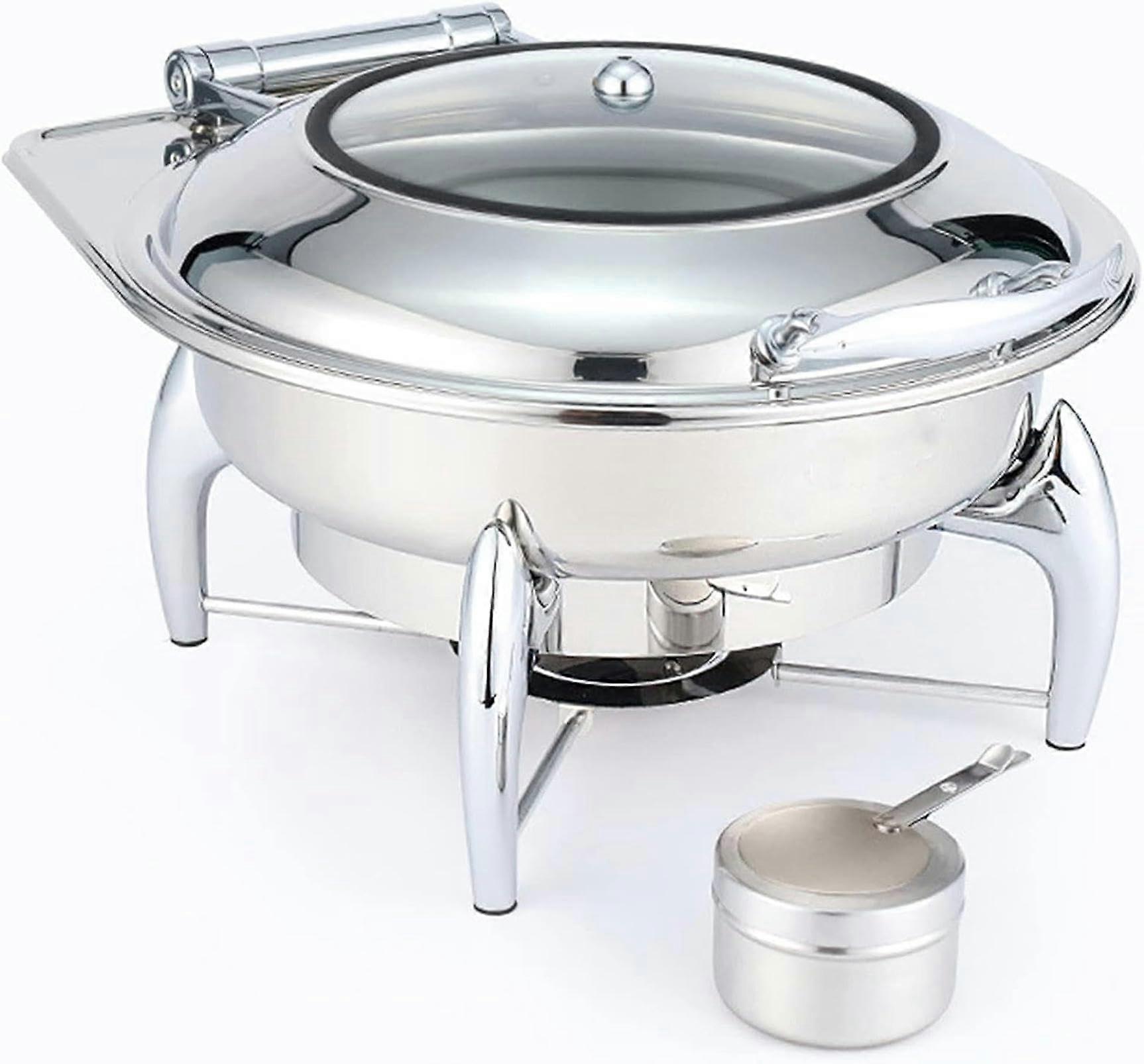 Stainless Steel Buffet Server with Glass Lid, 6L Round Chafing Dish Set for Catering Events