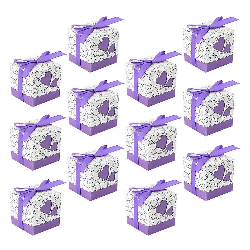 50pcs Hearts Design Candy Boxes Square Chocolate Boxes Gift Container with Ribbon for Wedding (Purple)
