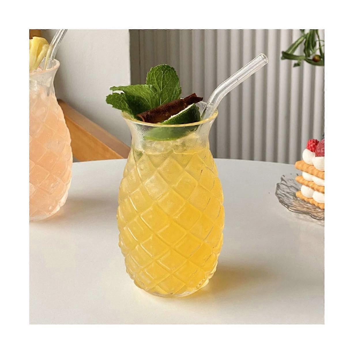 Glass Cup 480ml Borosilicate Clear Coffee Mug with Straw, Pineapple Design, Hot Cold Drink Safe