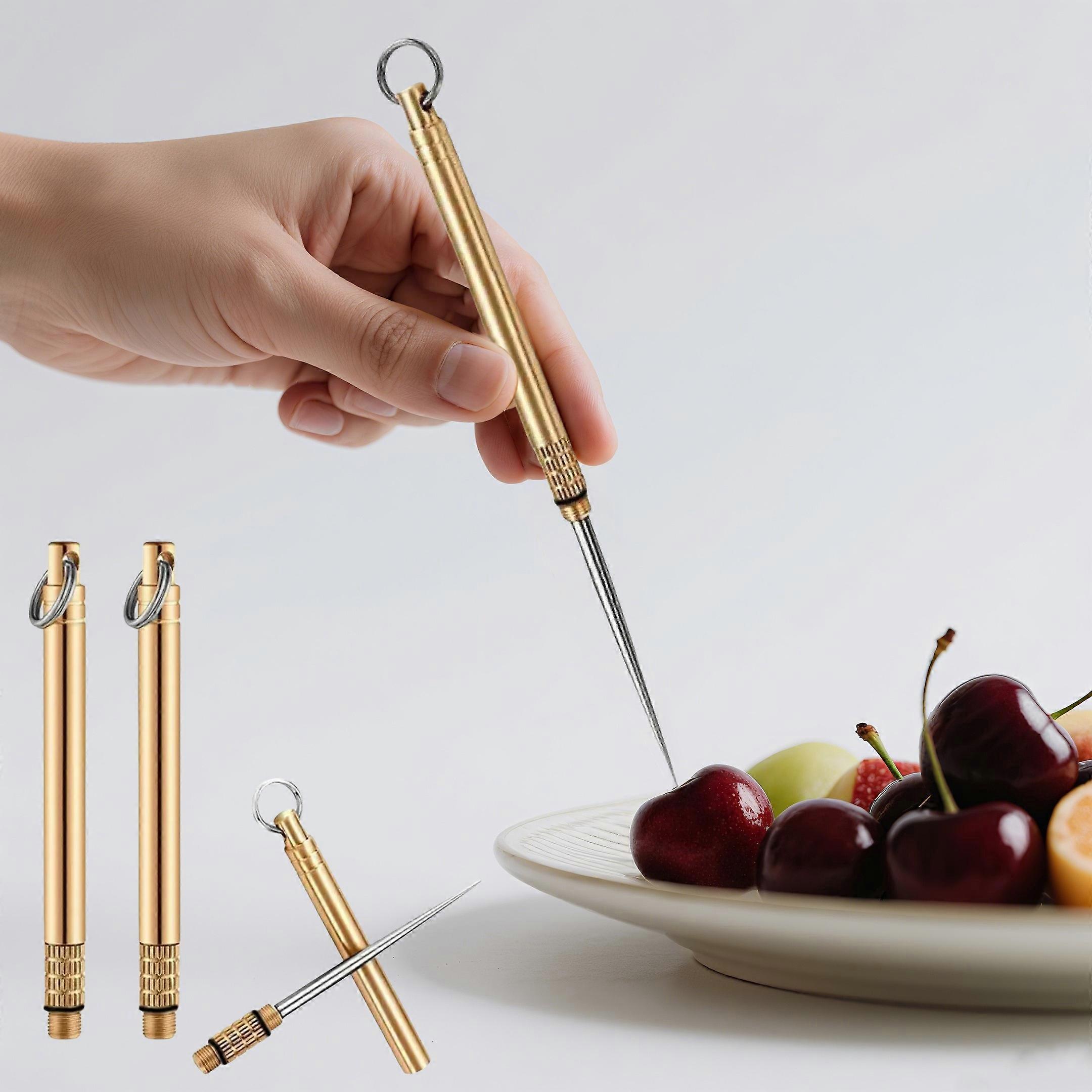 Titanium & Brass Toothpick, Portable Toothpick Bottle with Fruit Fork, Multifunctional Camping Tool, Stronger Than Dental Floss