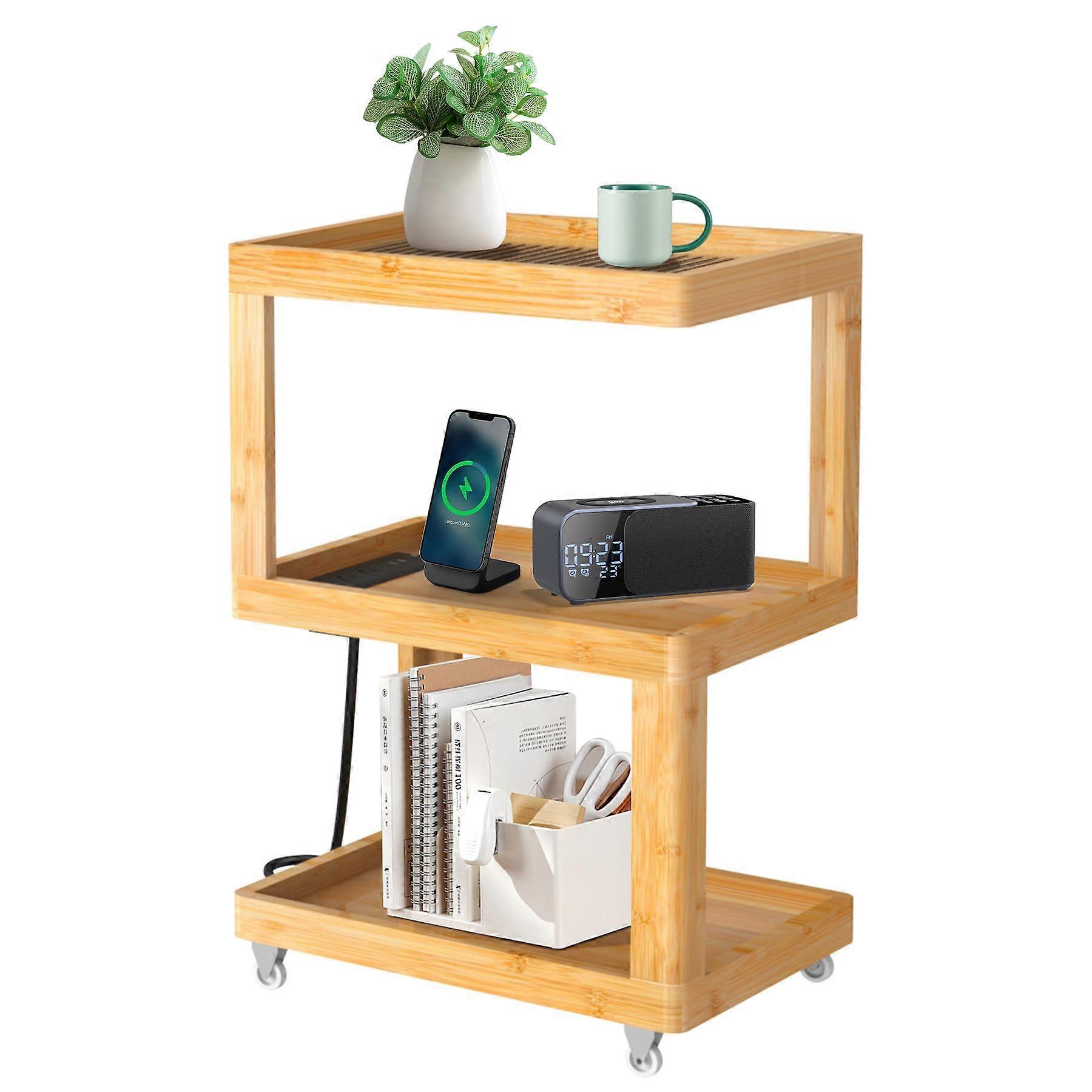 End Table with Charging Station and USB Ports, Bamboo Side Table with Outlets, Wheels, Glass