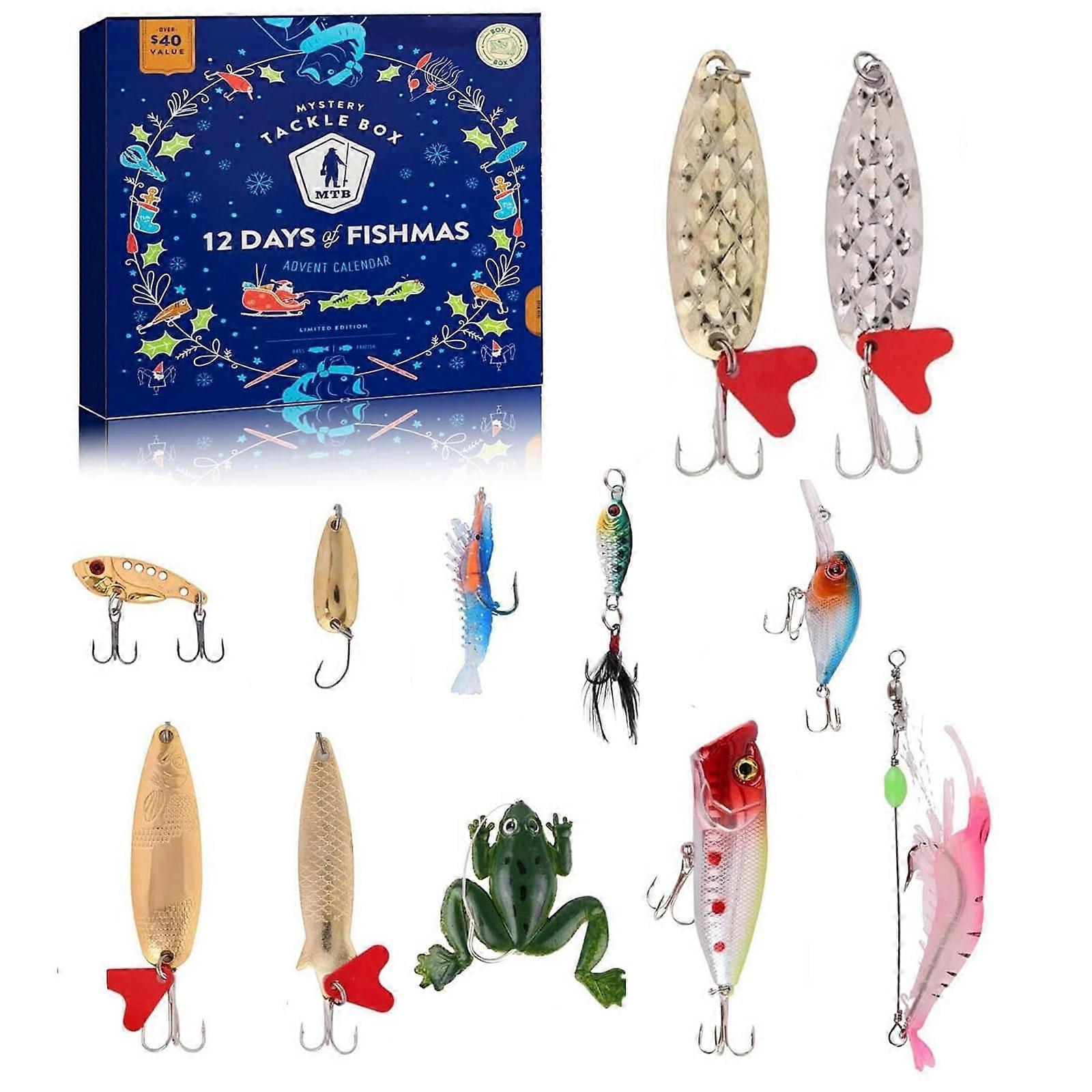 Fishing Advent Calendar with 12 Unique Lures and Sharp Hooks, Christmas Gift for Adult Anglers