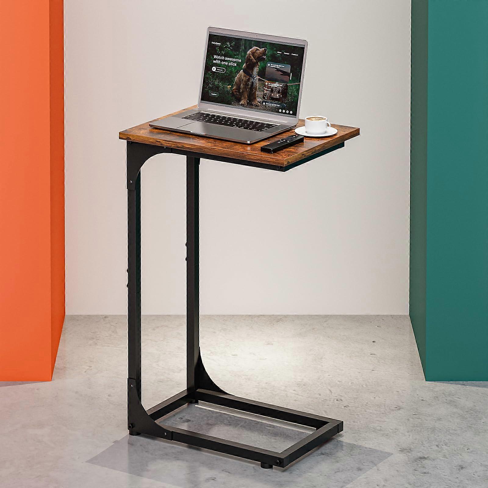 C Shaped Side Table for Sofa and Bed, Rustic Brown Couch Table with Metal Frame, Waterproof