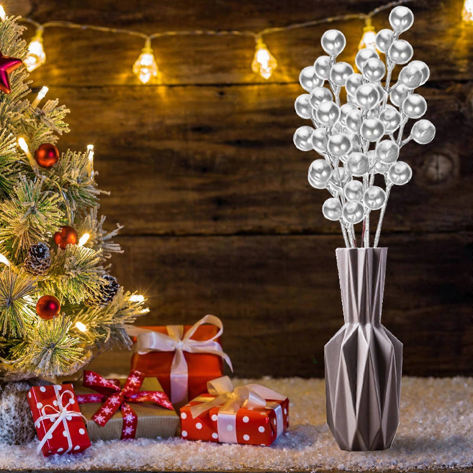 30Pcs Silver Artificial Berry Stems for Christmas Decoration DIY Use