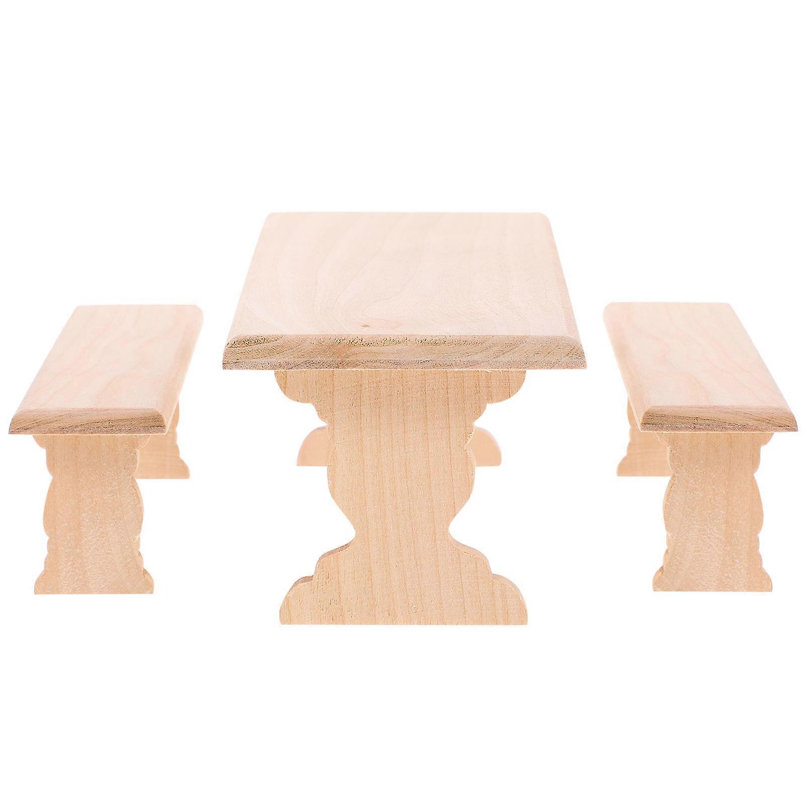 Beige Miniature Wooden Table Bench Set for Mini House Decor 1Set